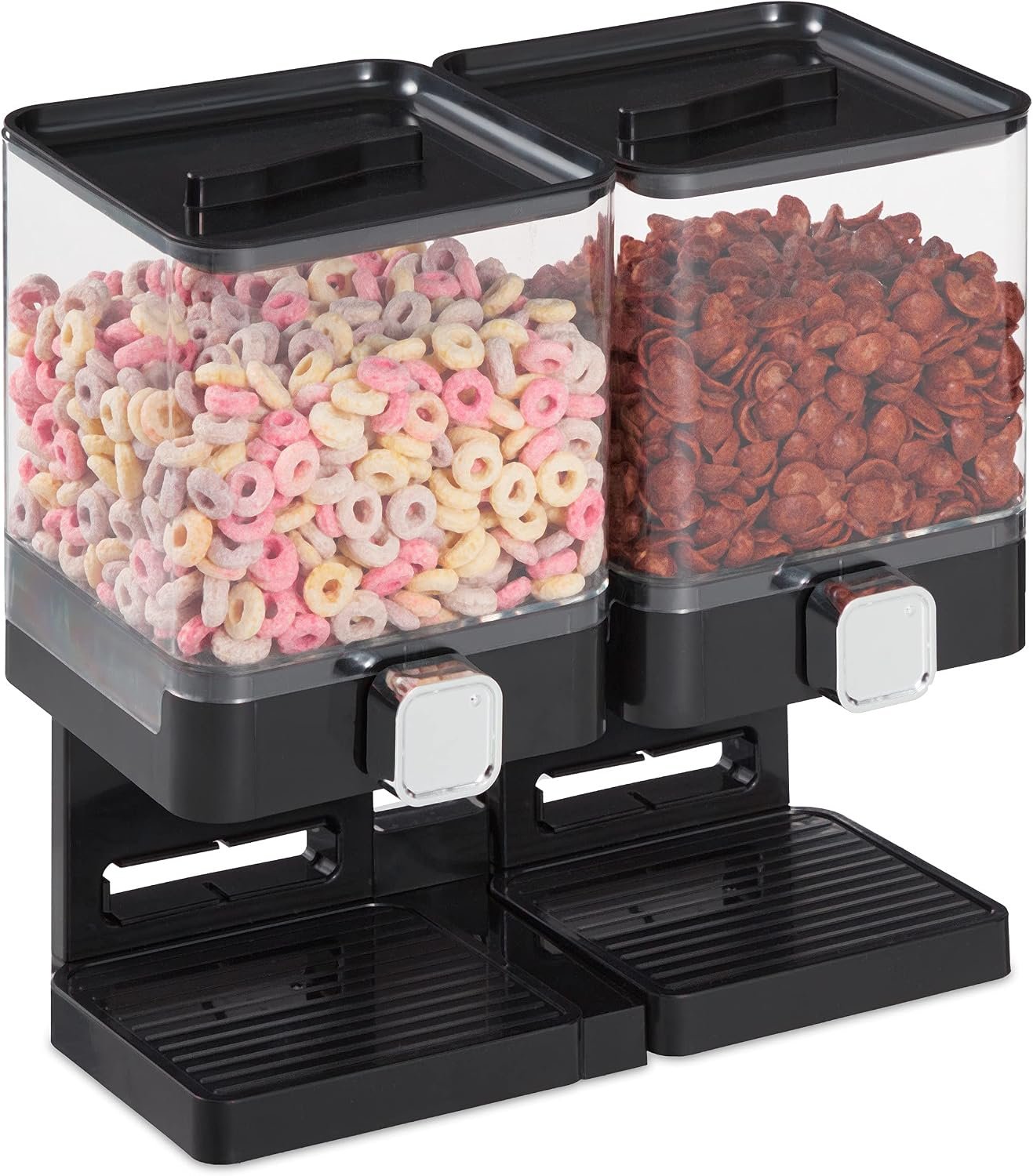 Distributeur de Céréales Double – 2 Compartiments de 3,5 L – Capacité Totale 7 Litres – Doseur Manuel à Molette – Pour Muesli, Cornflakes, Noix et Bonbons – Noir