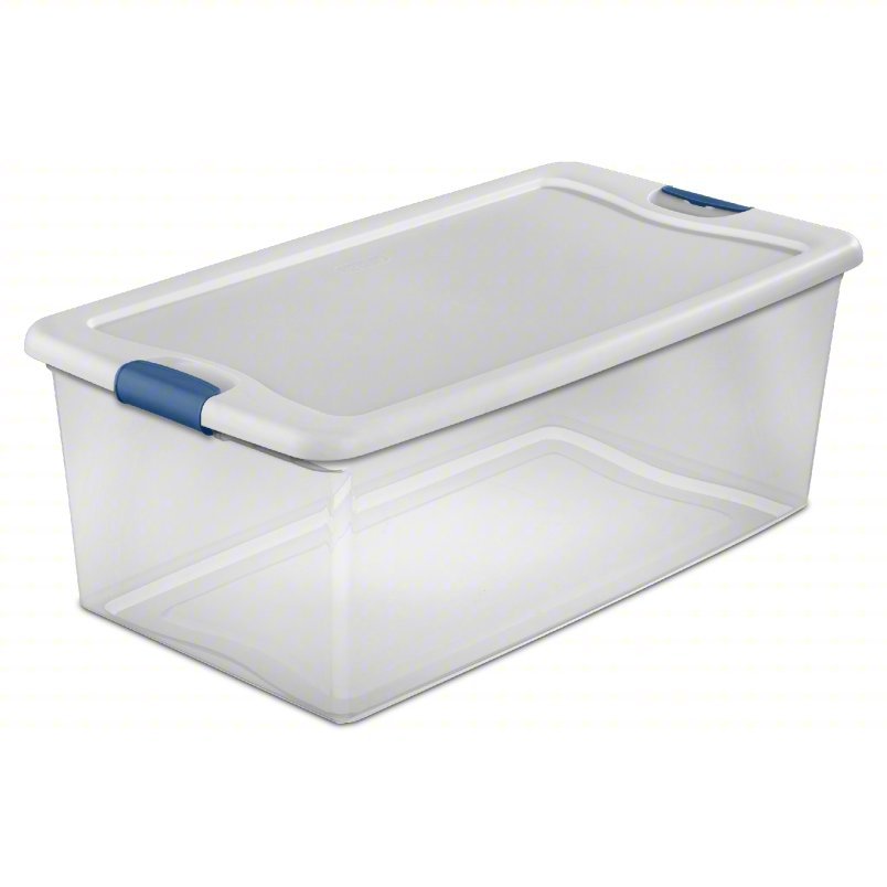 STERILITE 14998004 – Grand Bac de Rangement Transparent 26,5 gal (≈100 L) avec Couvercle Blanc à Loquets – 33⅞" × 18¾" × 13"