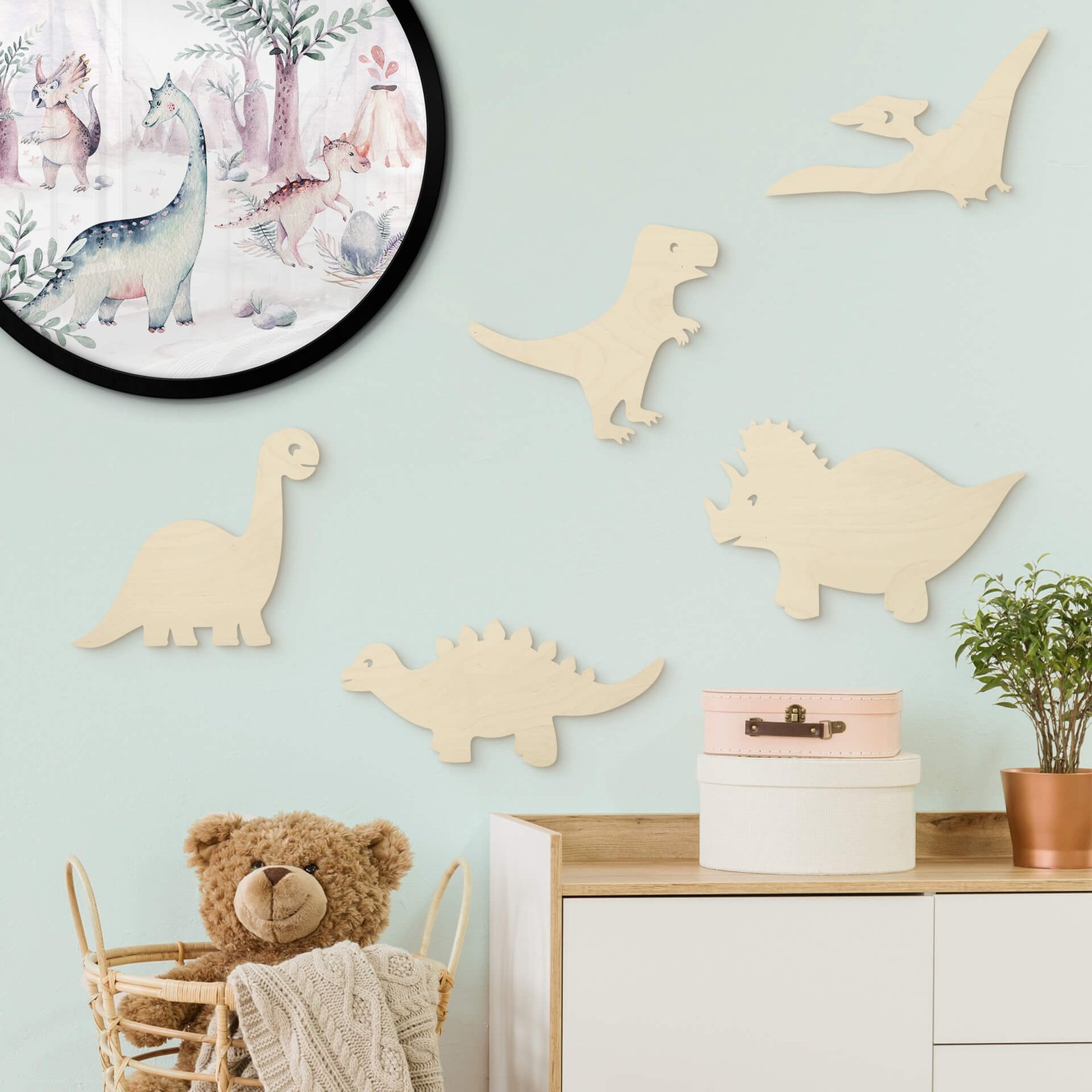Décoration en bois placage peuplier ensemble de dinosaures 5 pièces - 37x37 cm