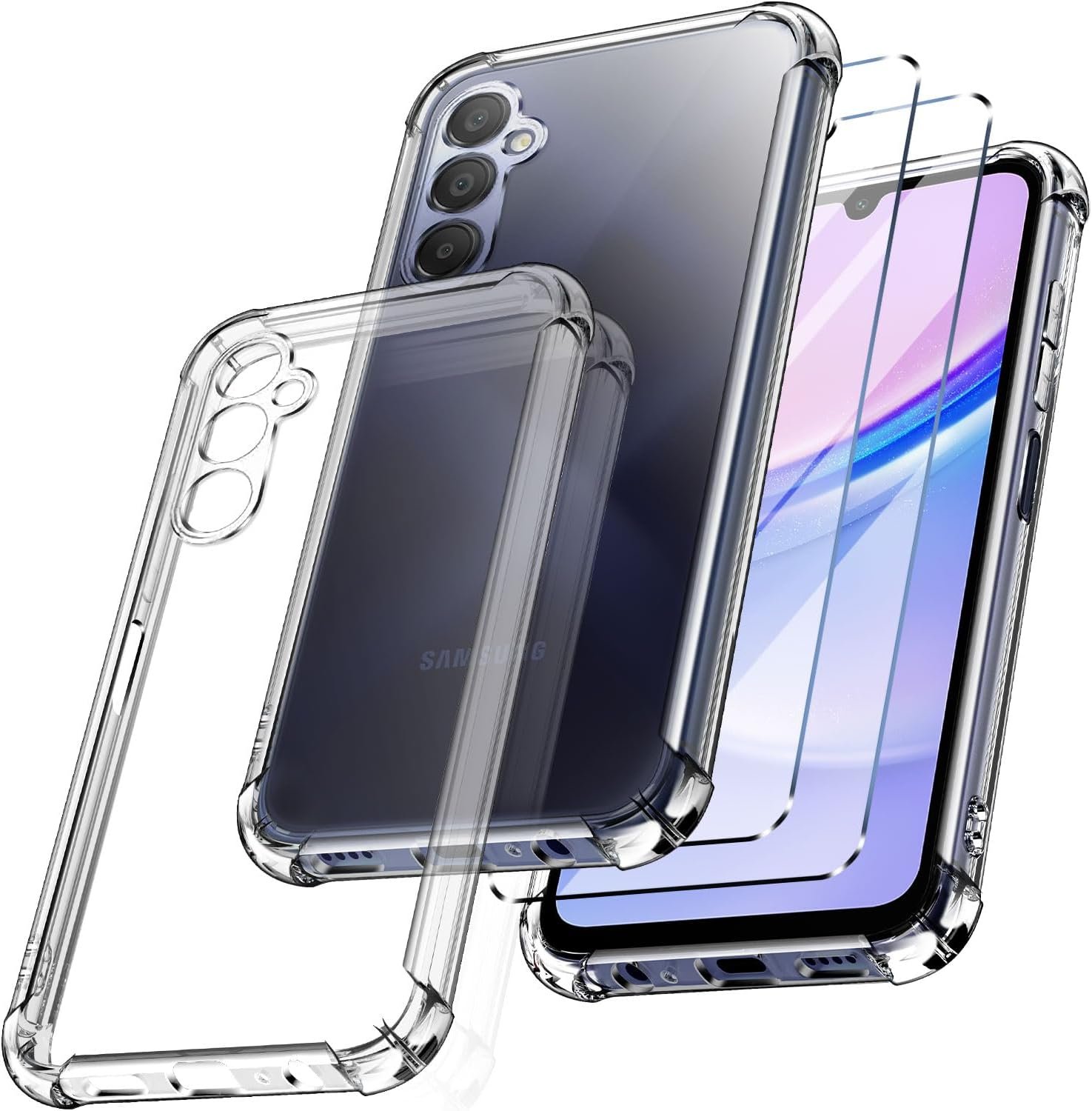 New&Teck Coque pour Samsung Galaxy A15 4G/5G + 2 Verre Trempé Protection écran, Housse Etui en Silicone TPU Souple (Transparent)