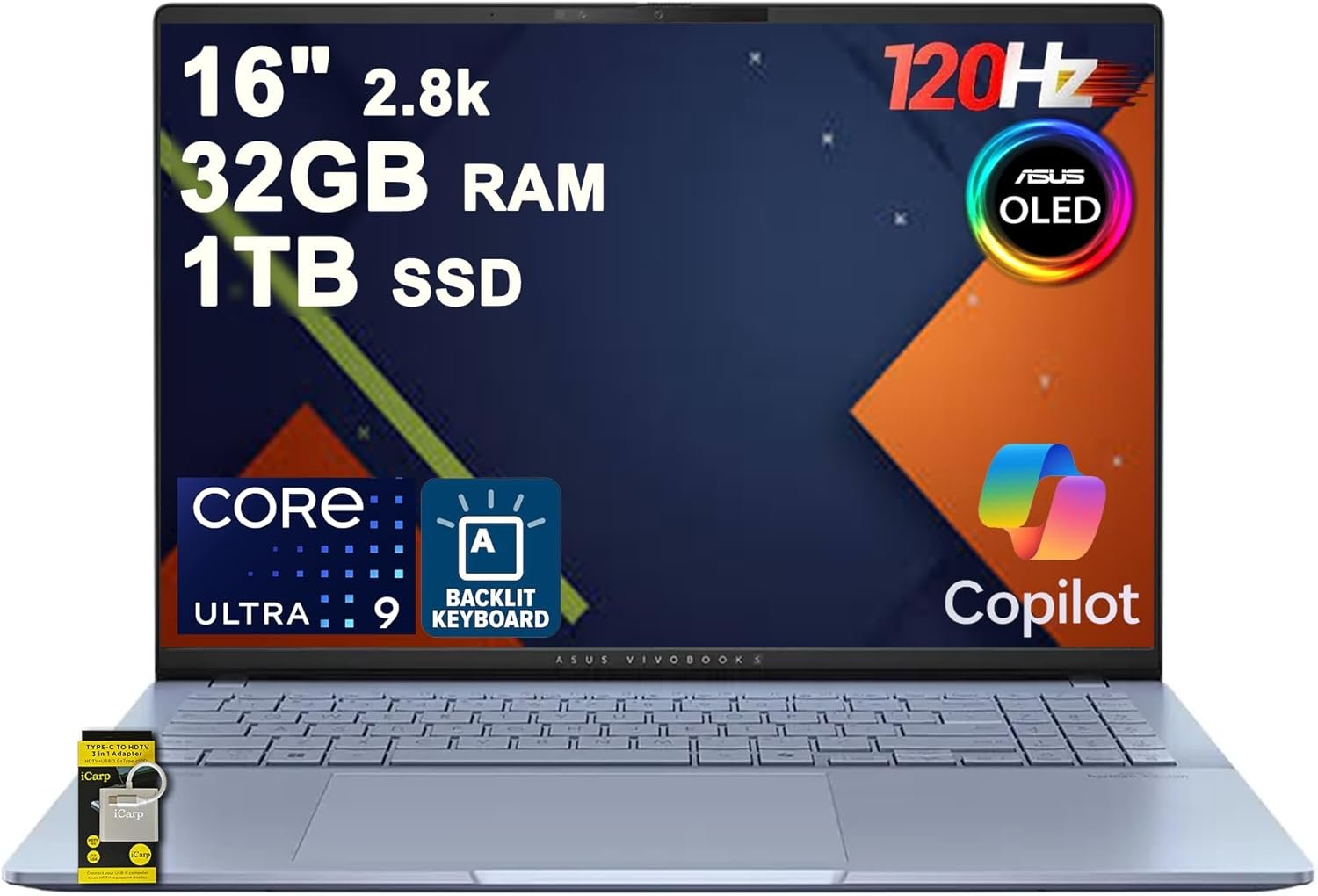 Ordinateur portable ASUS Vivobook S16 AI PC 16" 2,8K OLED 120 Hz, Processeur Intel Ultra 9 285H 16 cœurs | 32 Go DDR5 | SSD 1 To