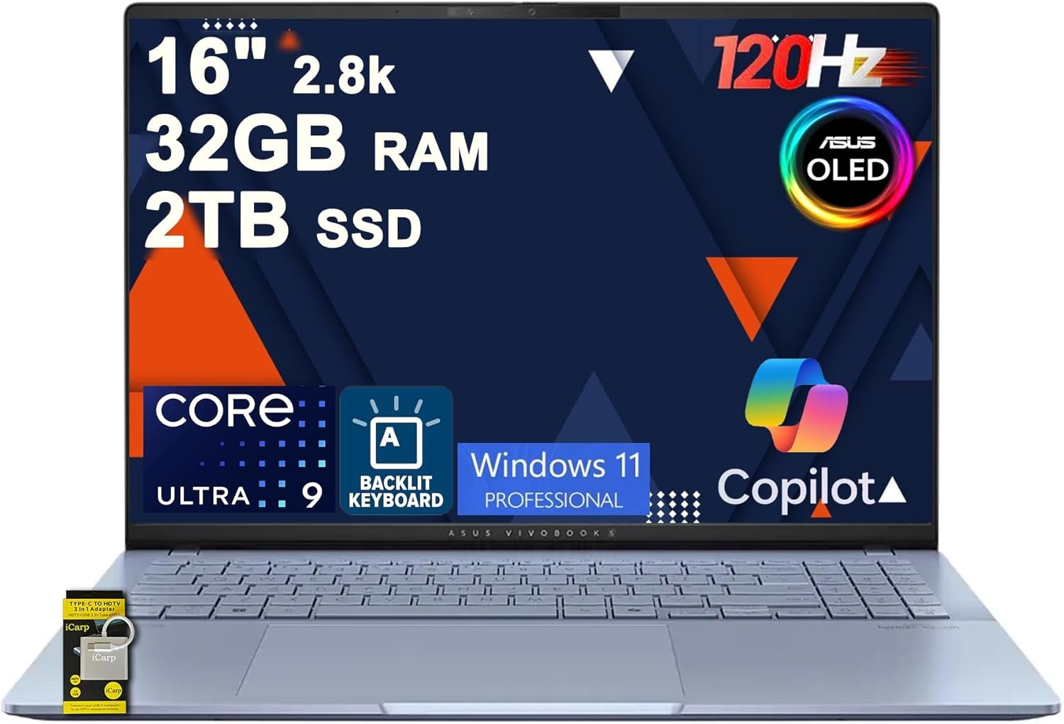 Ordinateur portable ASUS Vivobook S16 AI PC 16", Processeur Intel Ultra 9 285H 16 cœurs | 32 Go DDR5 | SSD 2 To, Windows 11 Pro