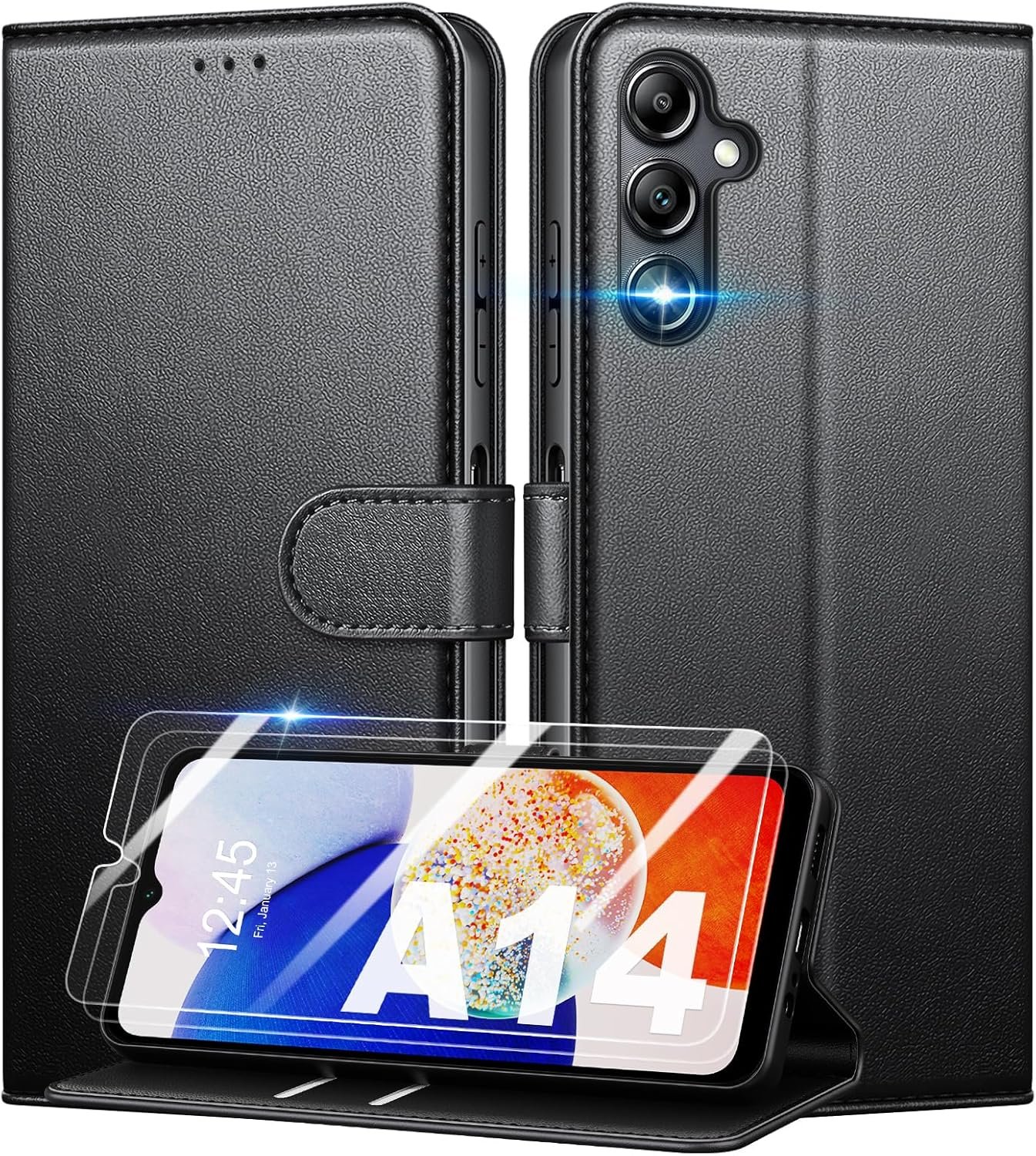 Coque pour Samsung Galaxy A14 4G/5G + 2 Pièces Verre Trempé, [RFID Blocage] Étui de Protection Housse Premium en Cuir PU,
