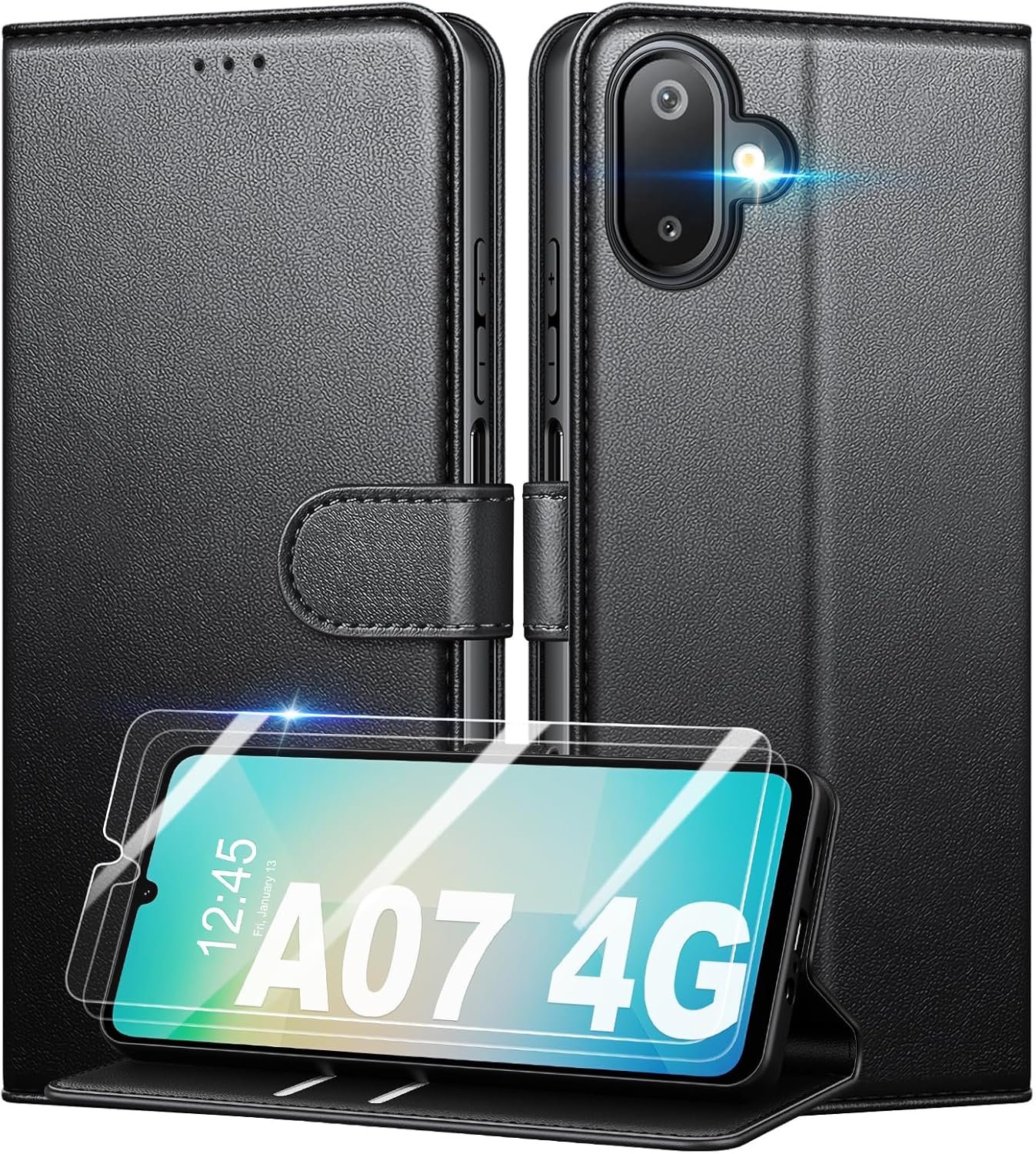 Coque pour Samsung Galaxy A07 4G + [2 Pièces Verre Trempé], [RFID Blocage] Étui de Protection Housse Premium en Cuir PU