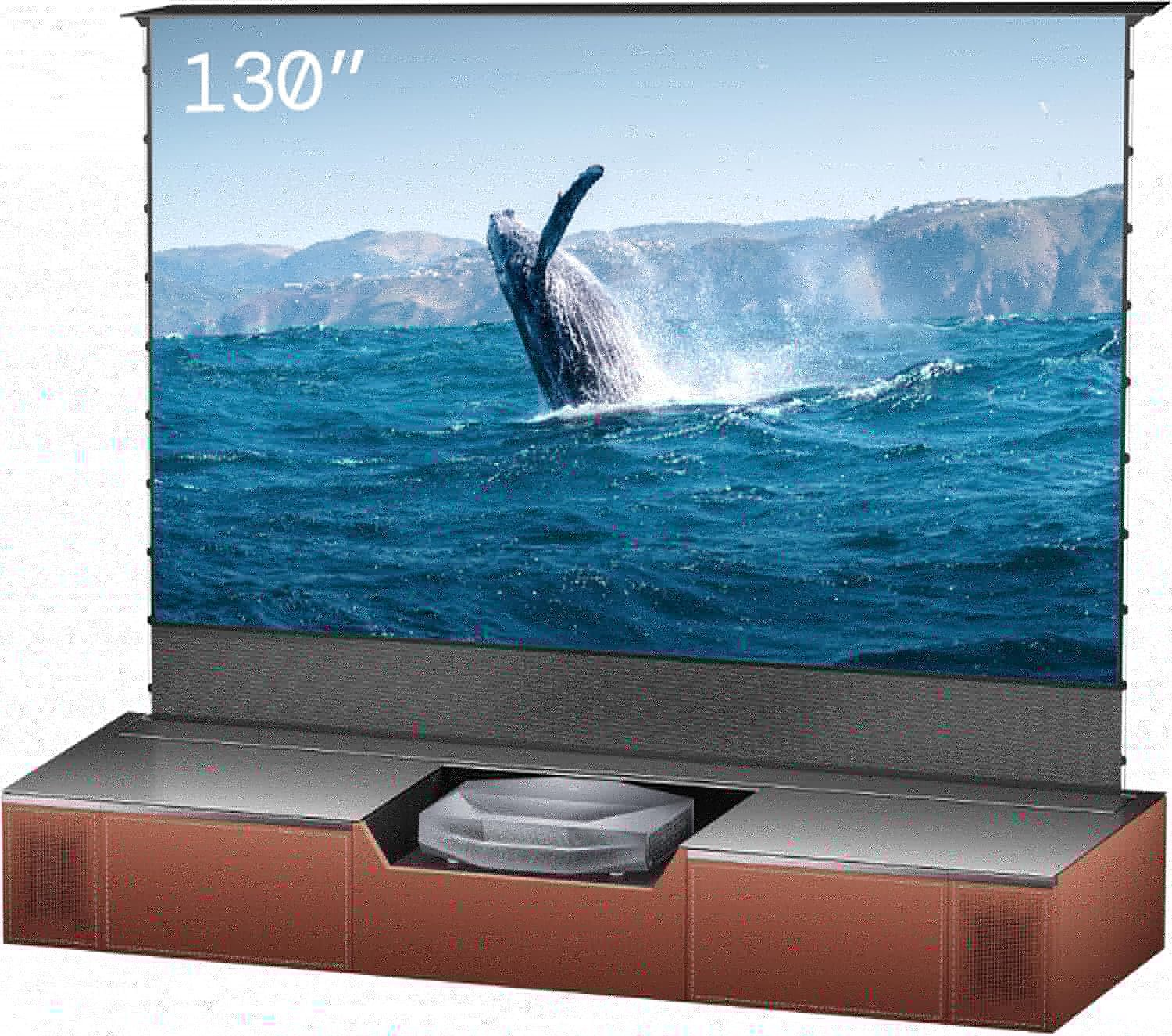AWOL VISION Aetherion Max – Pack Home Cinéma 4K 3D UST RGB Triple Laser avec Écran ALR Motorisé 130" & Meuble Escamotable Vanish TV VTVC-130