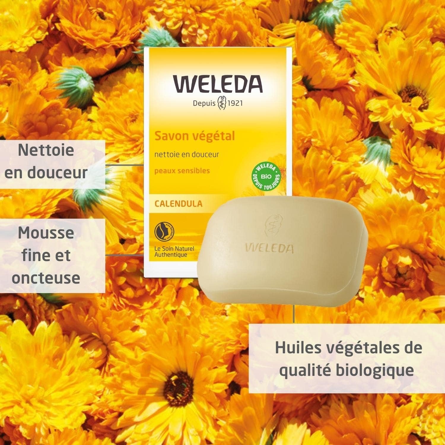 Savon végétal au Calendula - Nettoie en douceur - Mousse fine et onctueuse - NATRUE* - Bio** - Vegan*** - 100g
