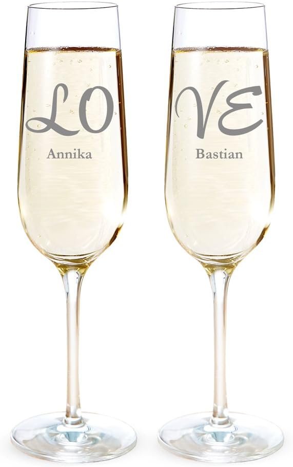 Lot de 2 flûtes à champagne - LOVE - Personnalisées avec [NOMs] - Verres à champagne - Idée cadeau de mariage - Saint Valentin - Fiançailles - Anniversaire de couple - Homme - Femme