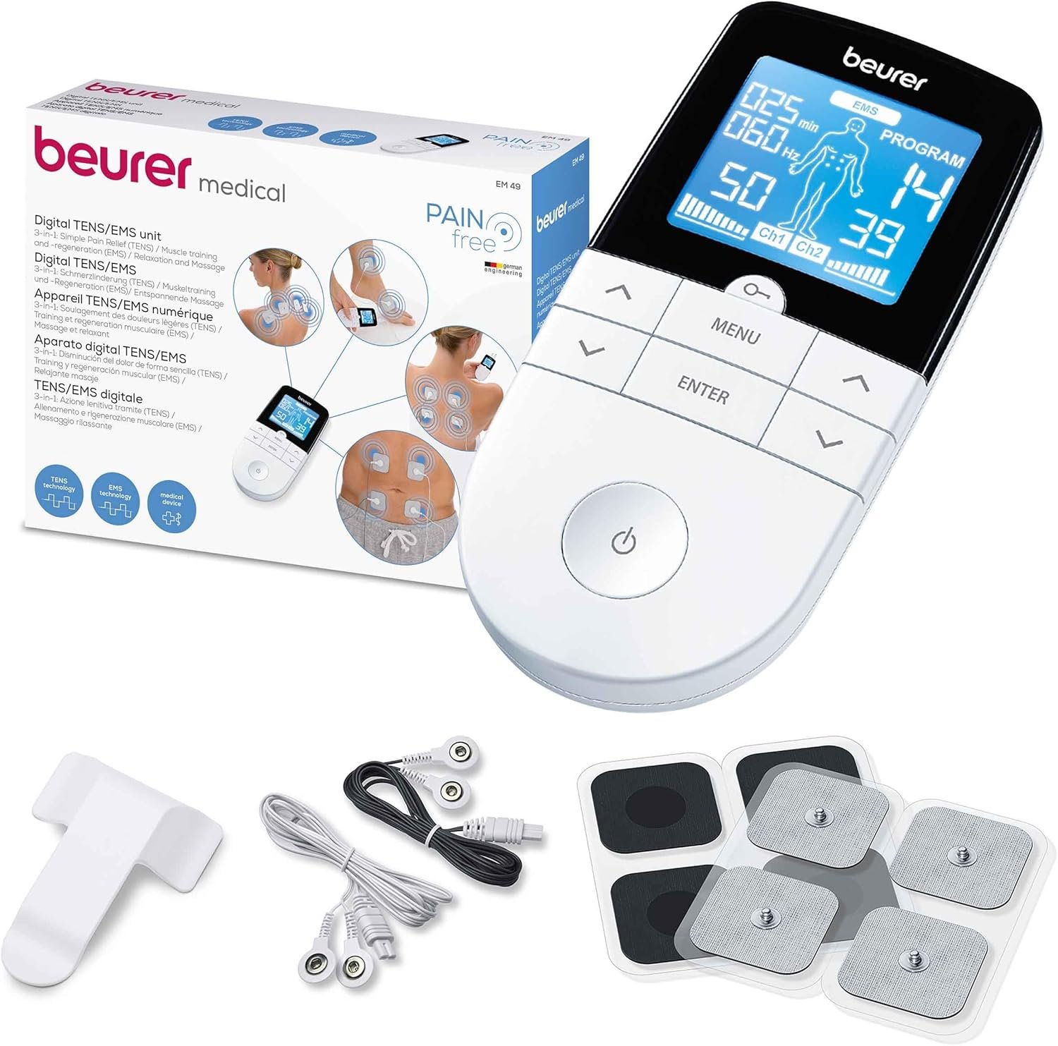 Beurer EM49 – Électrostimulateur musculaire 3 en 1 TENS / EMS / Massage avec 4 électrodes réutilisables, noir