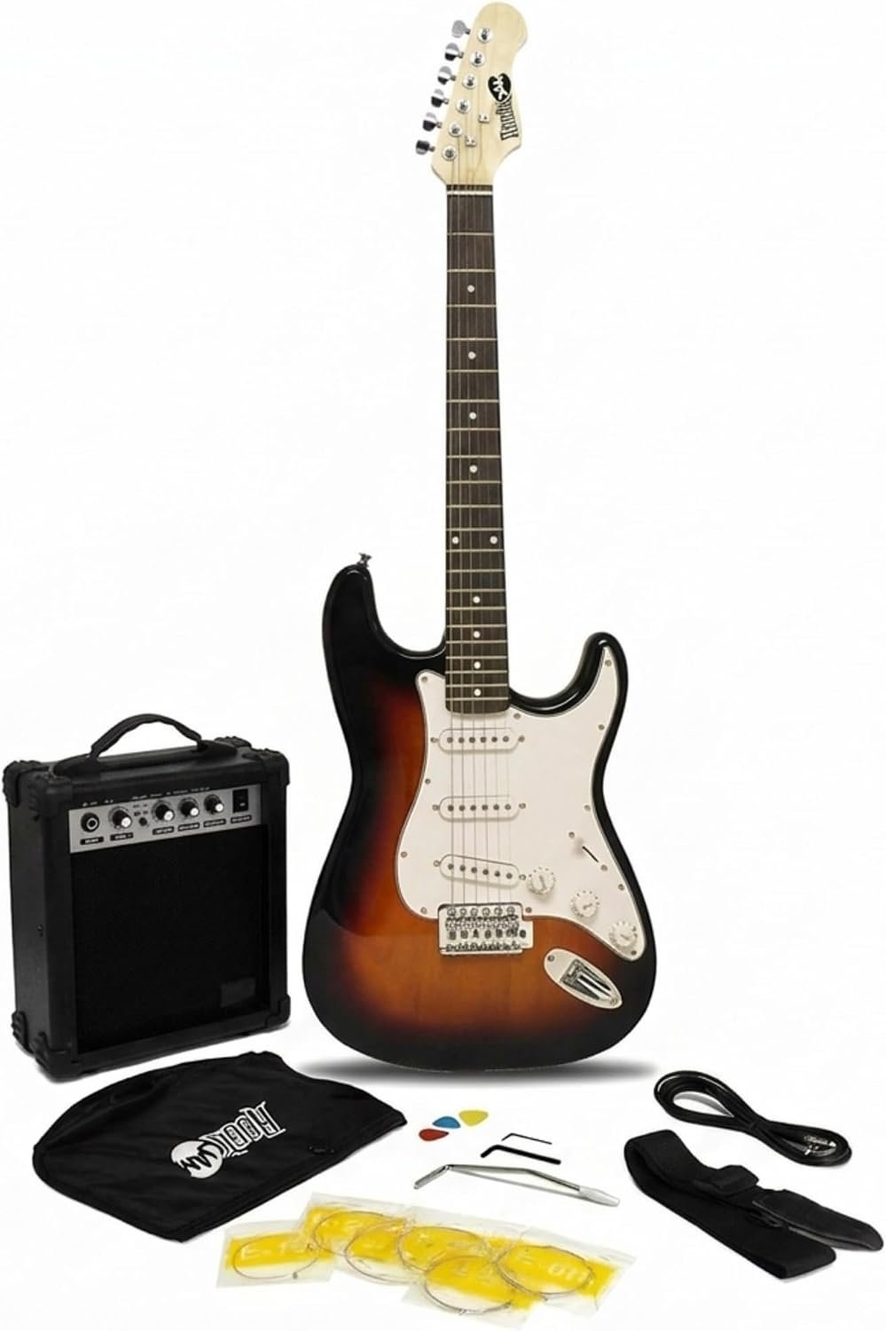 Kit de guitare électrique RockJam avec ampli, housse, vibrato, sangle, câble, cordes de rechange et cours.