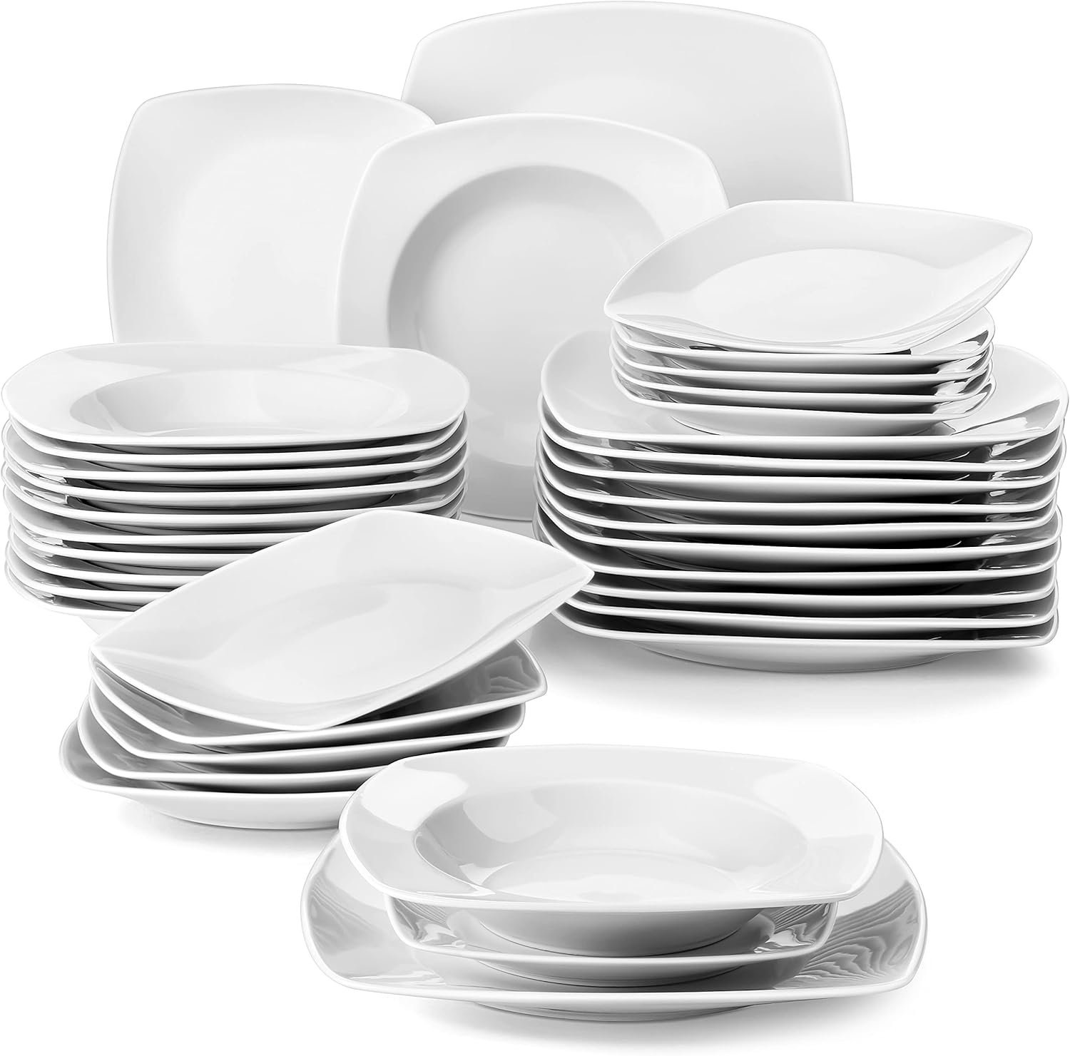 Assiettes Service de Table pour 12 Personnes, Service de Vaisselle 36 Pièces en Porcelaine, Adapté au Lave-Vaisselle et au Micro-Ondes, Blanc