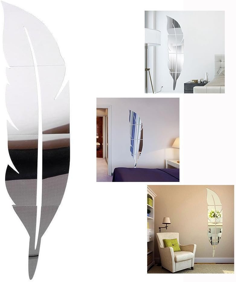 3D Feather Plume Miroir, Salon Miroir Mural d'autocollants Amovible Décor Décoration, 120 x 30 cm
