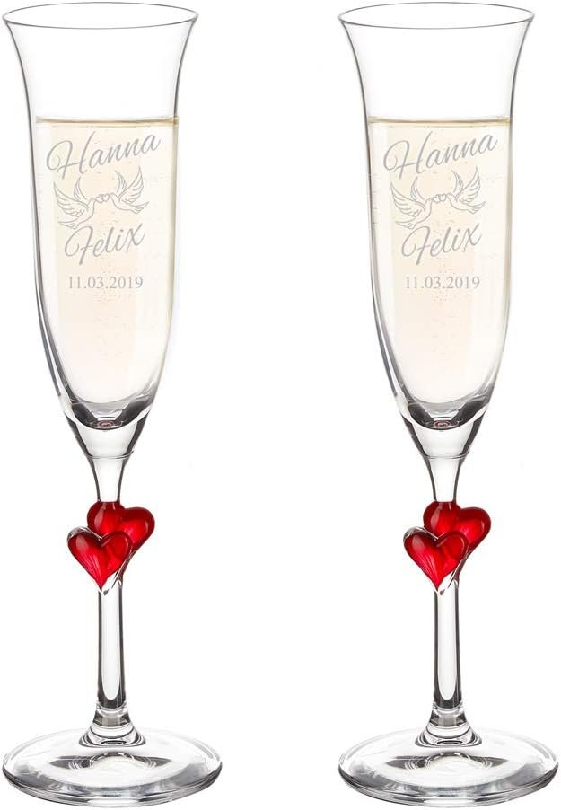 2 flûtes à Champagne avec cœur Rouge et Gravure pour Le Mariage, Motif tourtereaux, Personnalisées avec Noms et Date, Coupe en Verre, Volume env. 175 ML