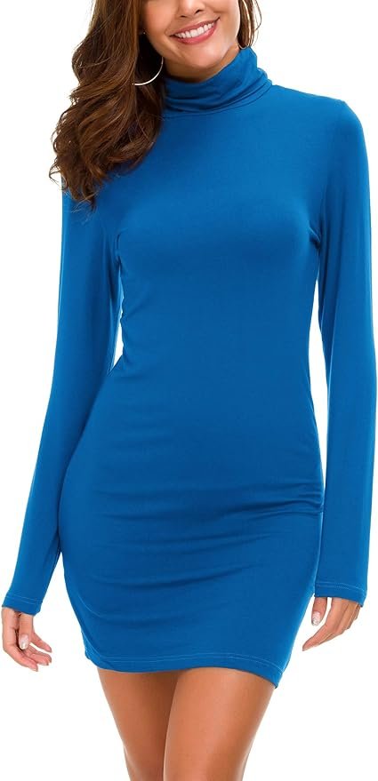 Femmes Casual Confortable Col Roulé Longues Manches élastique Mini Robe Sexy Bodycon Club Robe