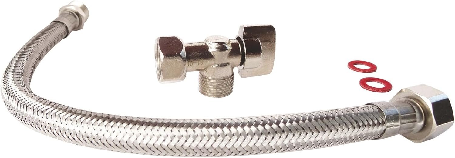 Kit de raccordement WC complet avec un robinet de WC équerre 1/4 de tour nickelé 12/17 (3/8'')