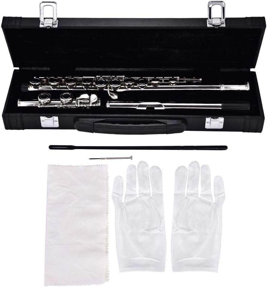 Flûte Traversière en de Cuivre pour Débutants 16 Clés Trou Fermé C Flûte Instrument de Musique avec Boîte en Cuir pour Débutants 63x5cm
