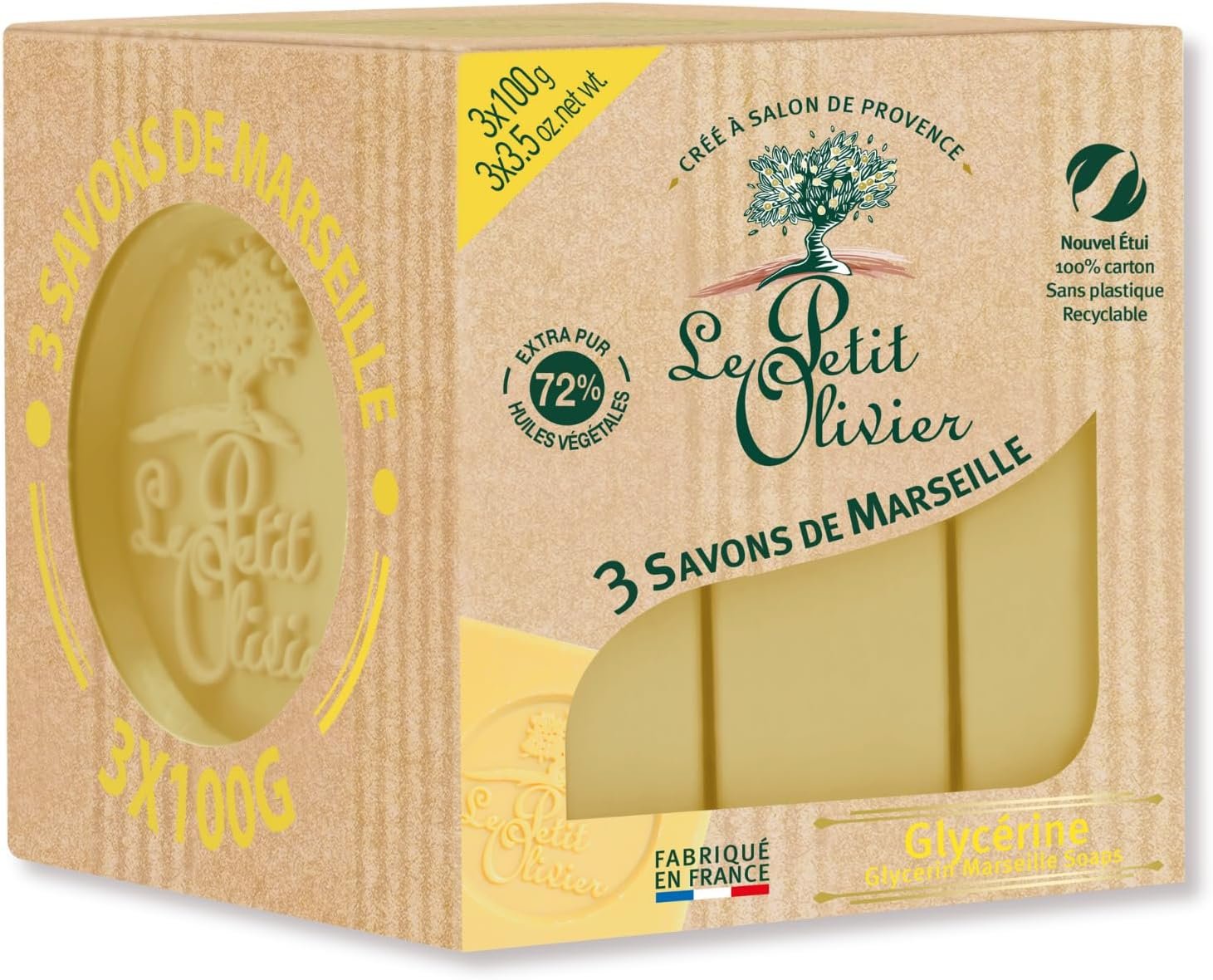 3 Savons de Marseille - Glycérine - Parfum de la Région de Grasse - Nettoient la Peau en Douceur - Fabriqué en France - 3x100g
