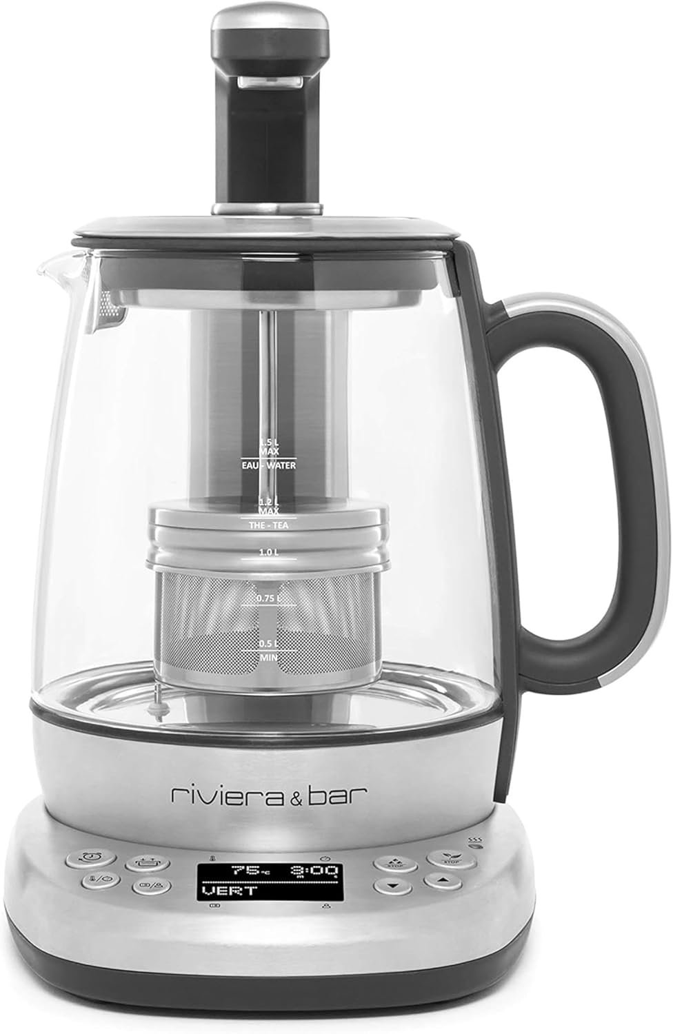 Théière Bouilloire CHA DAO EXPERT à Température Réglable - Verre Trempé et Inox, Mode Silencieux, Infusion Thé Optimale, Écran LCD, Programmes Personnalisables - 1,5L - Inox