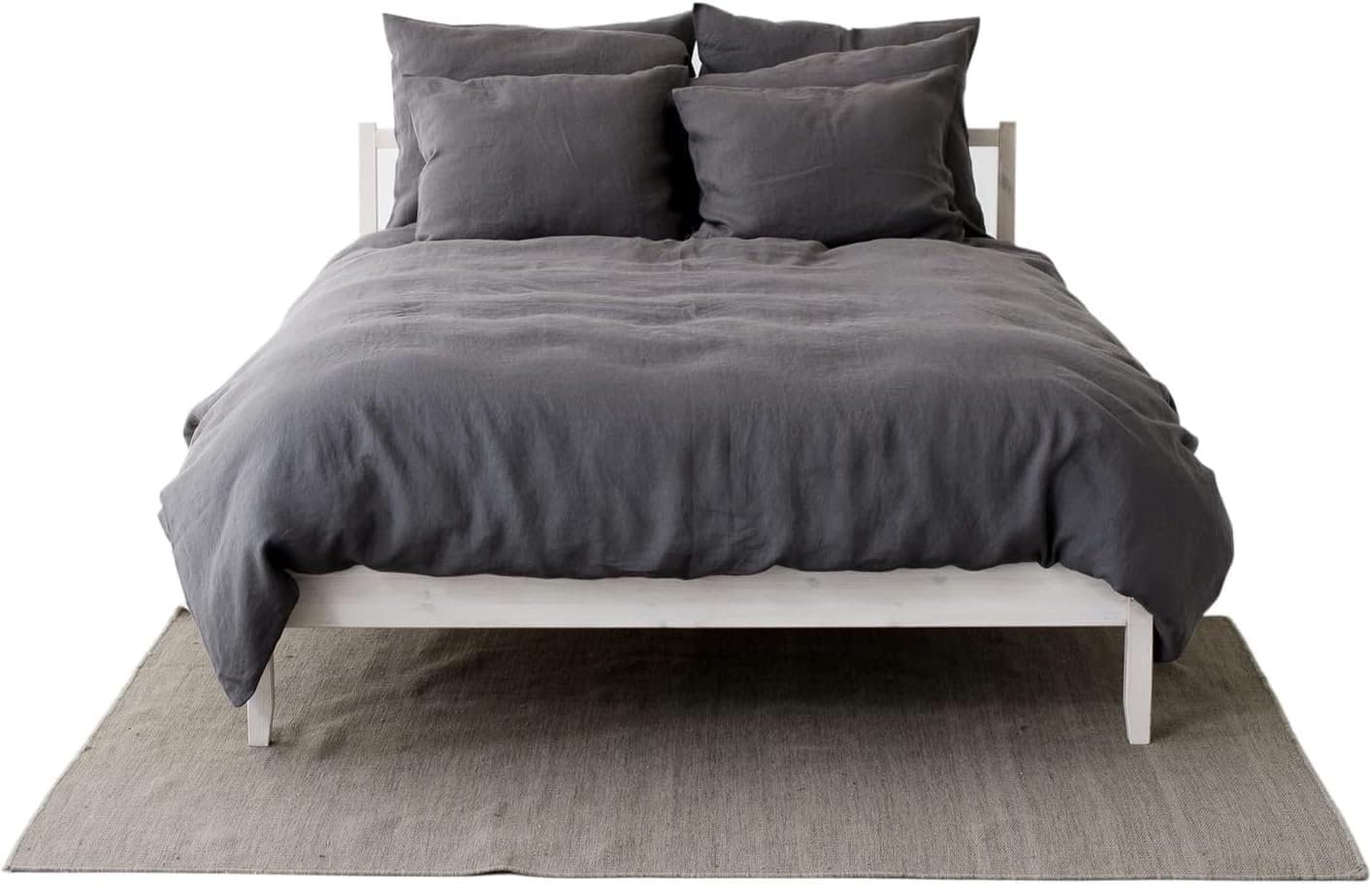 Parure de Lit - 100% Lin Lavé | 1 Housse de Couette 240x220 avec Fermeture éclair | 2 Taies Oreiller 80x80 avec Fermeture à Revers | Linge de Lit et Oreillers | Gris Foncé