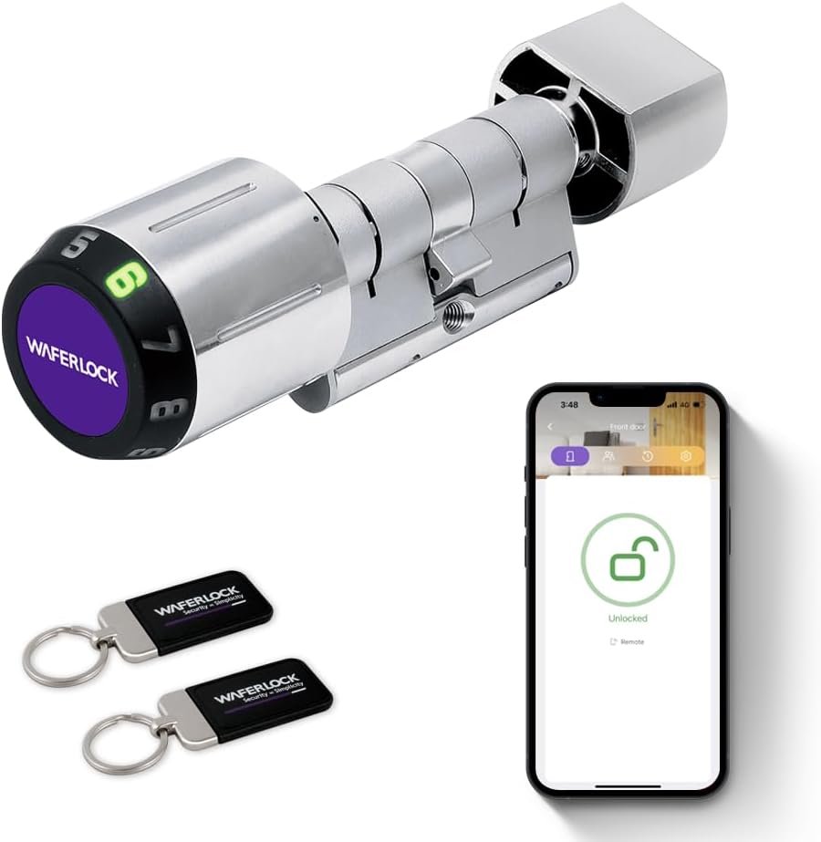 Serrure connectée cylindre européen WAFERLOCK C760, IP68 étanche, résistance au feu, contrôle via app Bluetooth, badge RFID/code PIN, anti-perçage, 30/30–45 mm (60–75 mm)