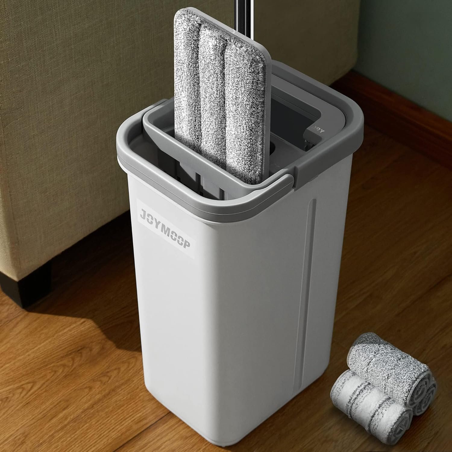 Serpillère plate et seau avec essoreur, avec 3 lingettes en microfibre lavables, utilisation humide et sèche, système de nettoyage du sol