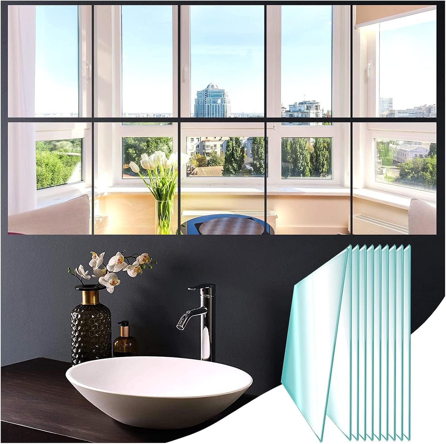 Verre Miroirs Muraux Autocollant 10 Pièces, 23x15cm HD Miroir Adhésif Décoratif Miroirs