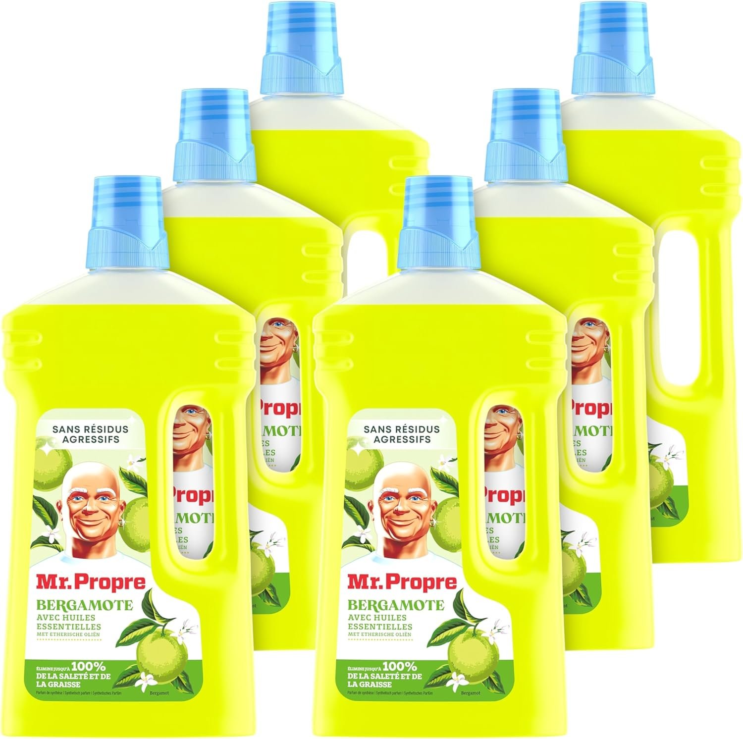 Nettoyant Liquide Sol Multi-Usages, Grand Format (1L x6), Parfum Bergamote, Élimine Jusqu'à 99.9% Graisse et Saleté, Sans Traces
