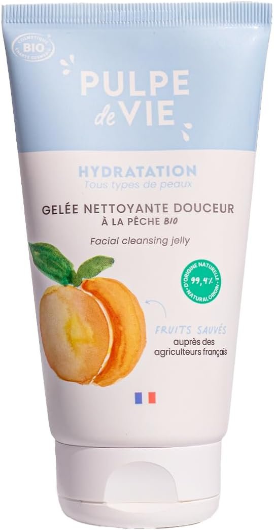Gelée Nettoyante Visage 150ml - A la Pêche Upcyclée - Mousse Gourmande pour Peau Douce - Routine Visage - Tous Types de Peaux - 99% Naturel