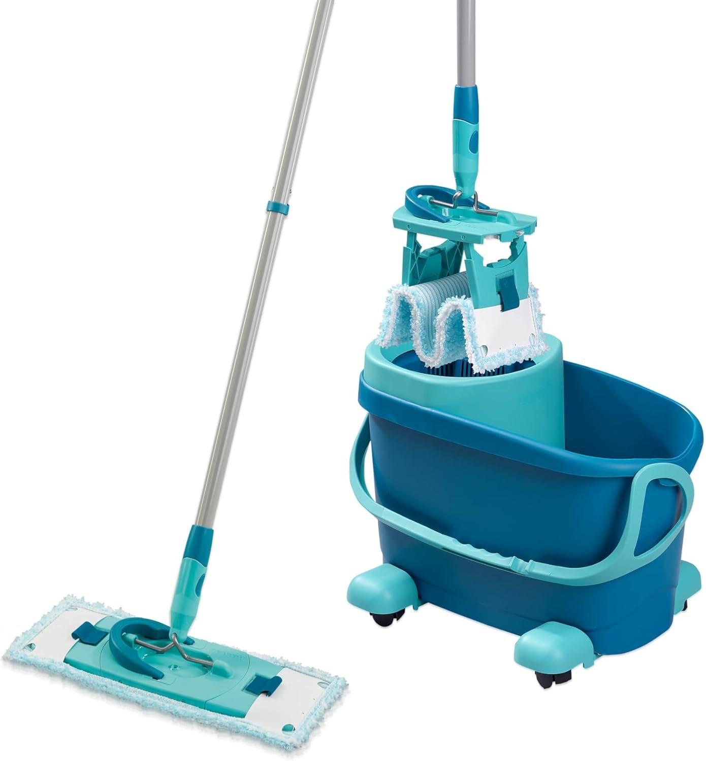 Lave-Sol avec Molleton Ultra Doux, Seau essoreur et Balai à Plat essorage Facile, Balai serpillère Microfibre, kit de Lavage pour sols délicats, Chariot à roulettes