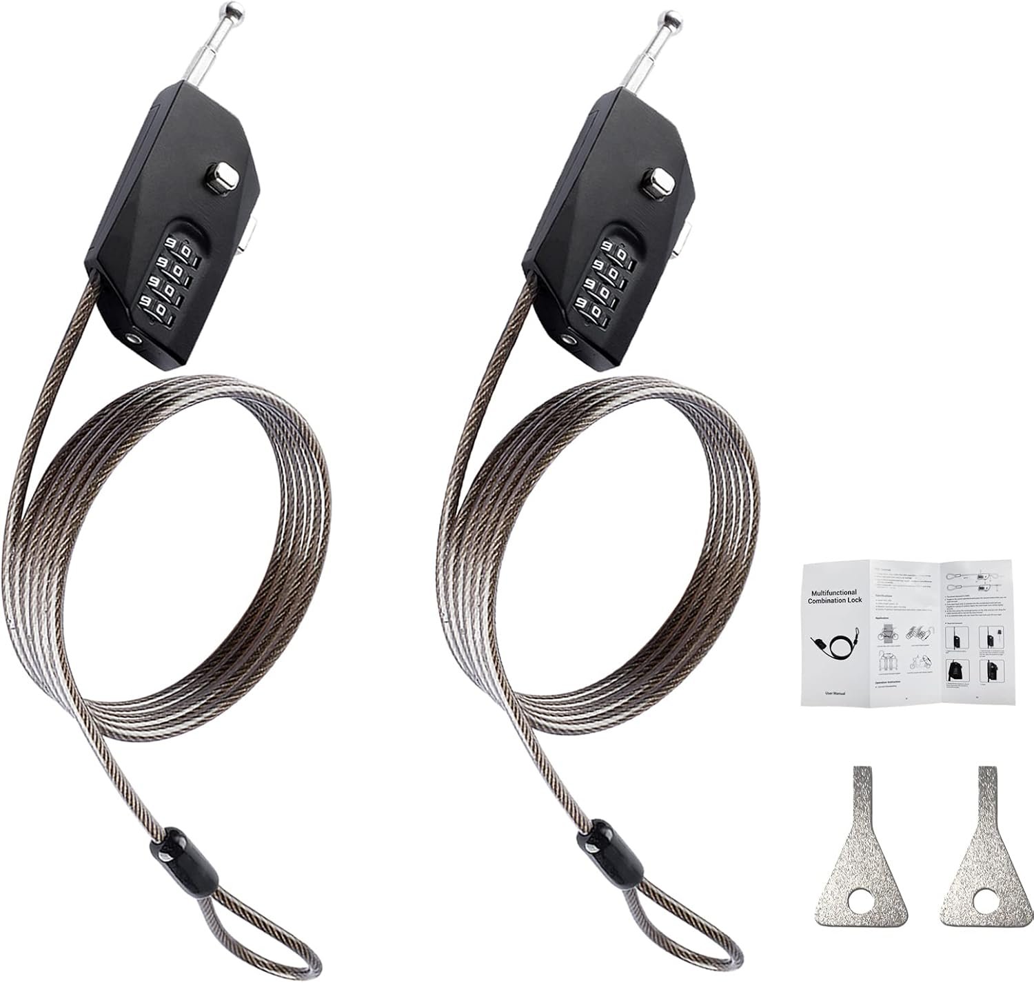 Lot de 2 câbles de verrouillage à combinaison réglable, câble en acier rétractable flexible pour caméra de chasse, antivol de 2 mètres pour bagages, valises et casques (Noir).