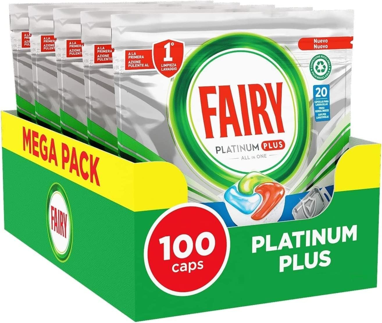 Tablettes Lave-Vaisselle All In One, Brise Fraîche Aux Herbes (5x 20 Capsules) Nettoyage Optimal Pour Une Vaisselle Propre Comme Neuve