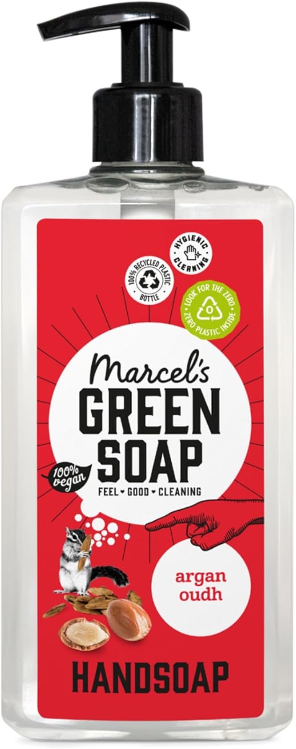 Marcel's Green Soap - Savon pour les mains Argan & Oudh - Formule sans microplastiques - Flacon en plastique 100% recyclé - Vegan - Rechargeable - 250 ml