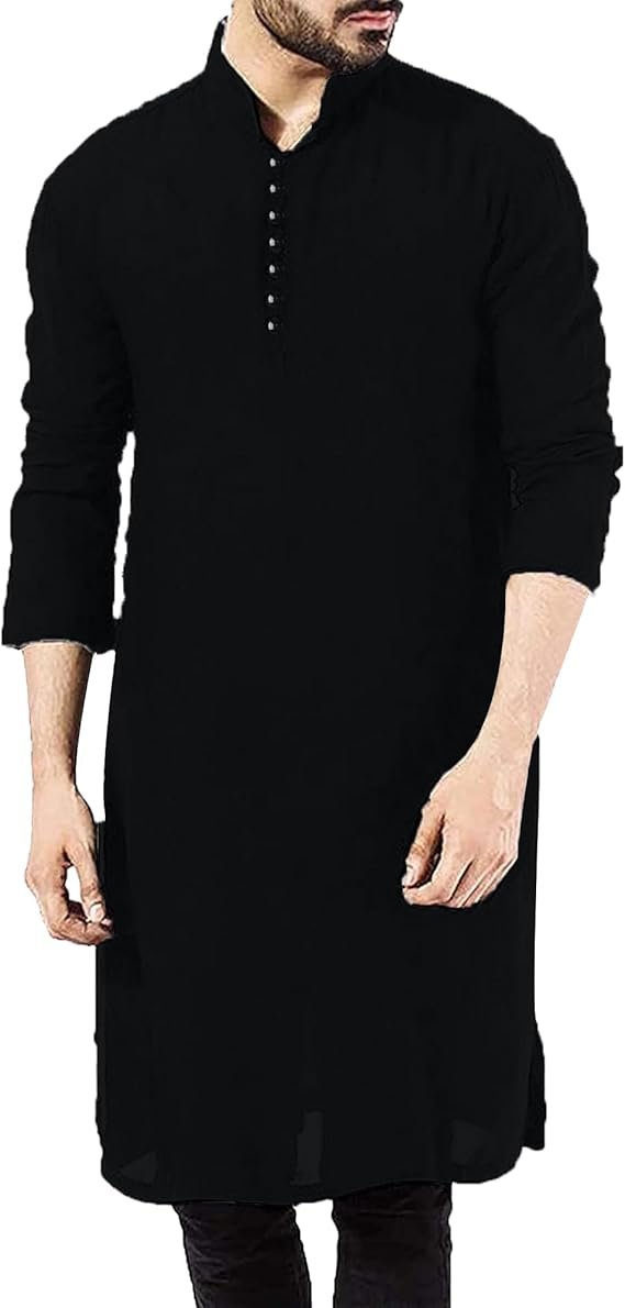 Thobe Homme à Manches Longues en Coton & Lin – Kaftan Boutonné avec Fentes Latérales et Poches