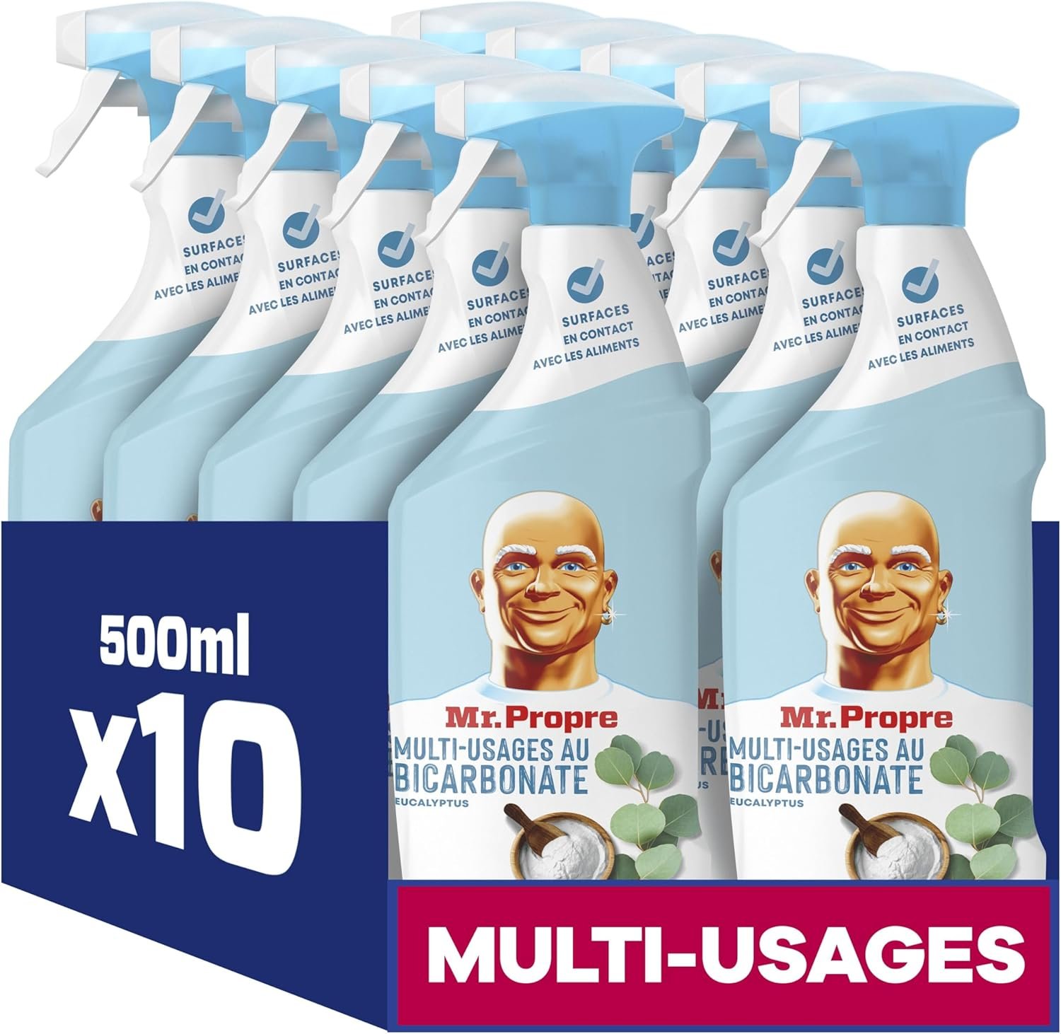 Nettoyant Multi-Usages, Grand Format (500ml x10), Parfum Eucalyptus avec Bicarbonate de Soude, Élimine 99.9% des Tâches Tenaces, Convient aux Surfaces Alimentaires