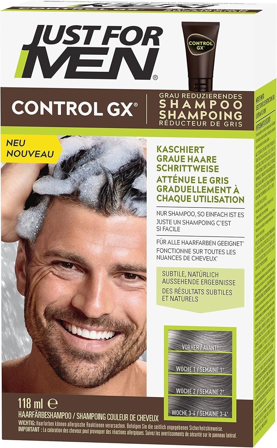 Shampooing colorant homme pour cheveux, Réduit progressivement les cheveux gris Pour un Look Naturel et Discret, Disponible pour toutes les nuances 118 ml