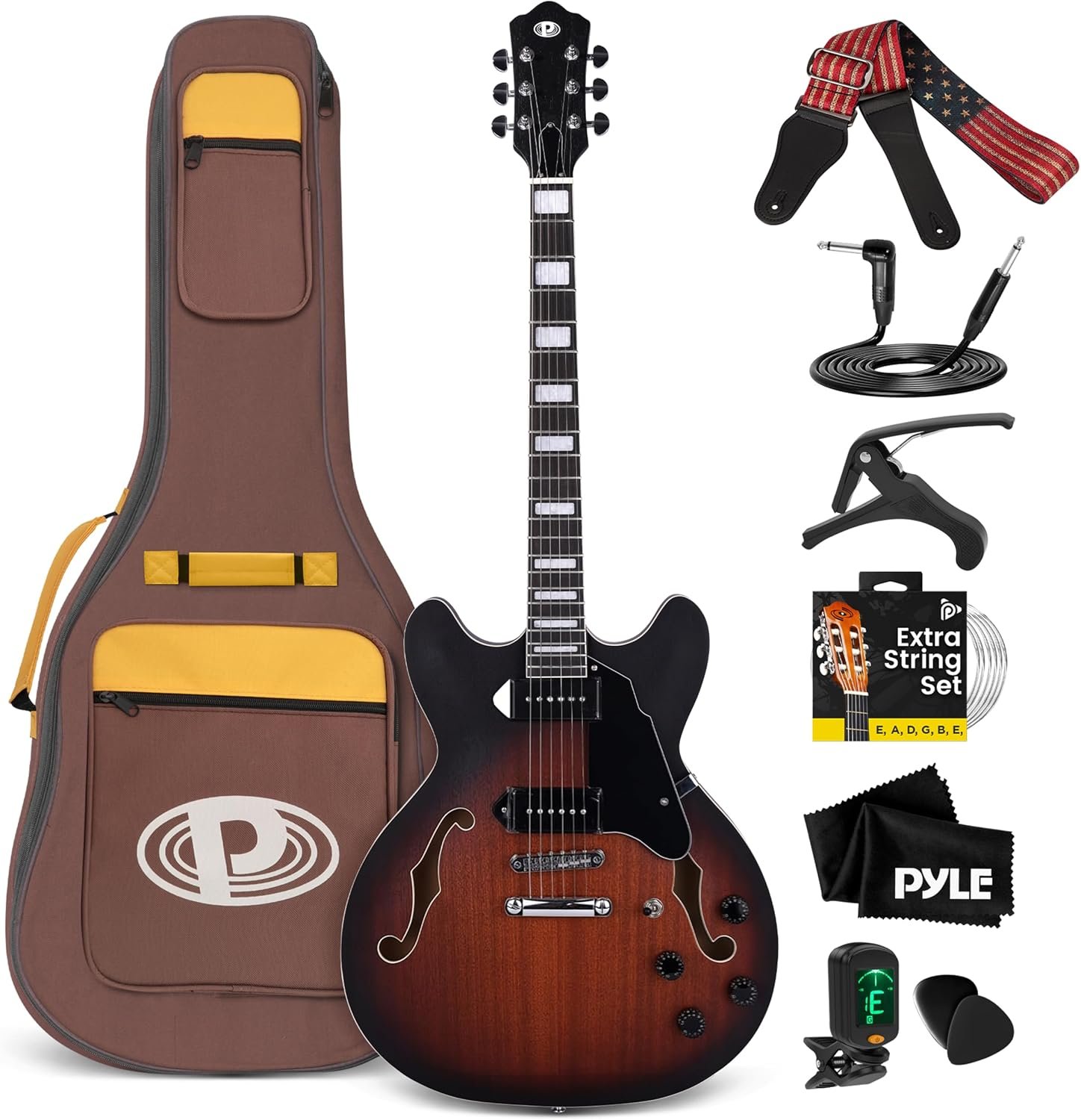 Guitare Electrique à Corps Semi-creux - Guitare- Kit Instrument Jazz Taille Complète de 106 cm avec Housse de Transport, Finition Mate et Sunburst