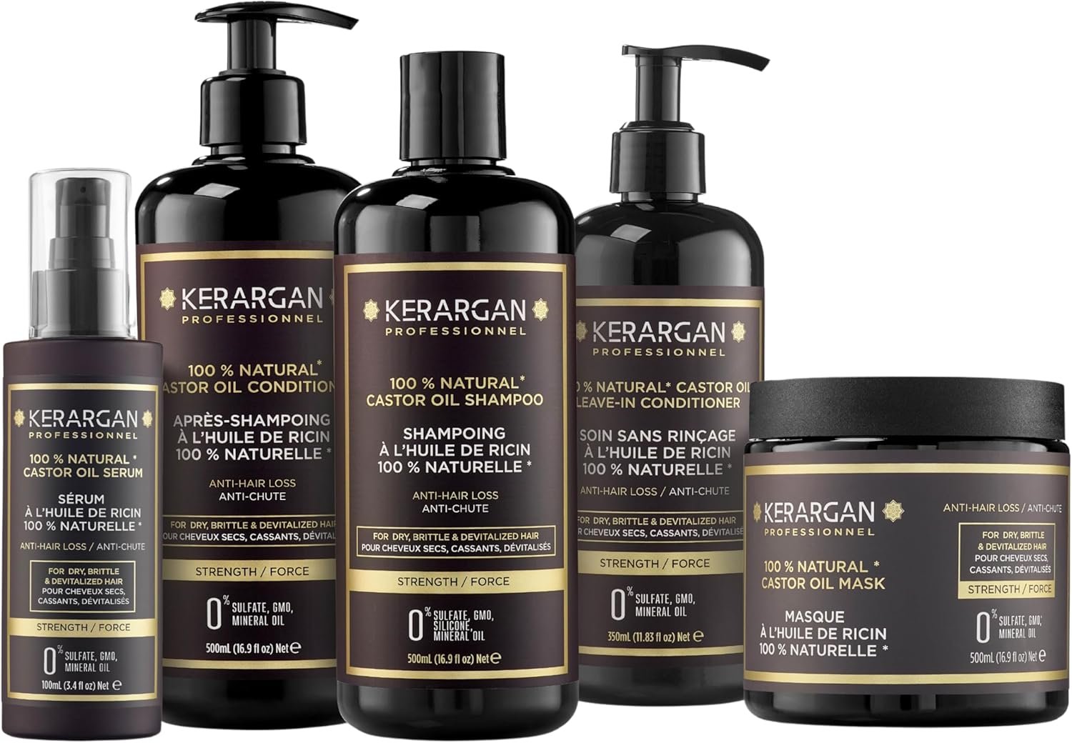 Ensemble Anti-Chute Shampoing, Après-shampoing, Masque, Sérum & Leave-In à l’Huile de Ricin pour Cheveux Abîmés - Soin Intensif Croissance - Sans Sulfate, Silicone - 3x500ml+100ml+350ml