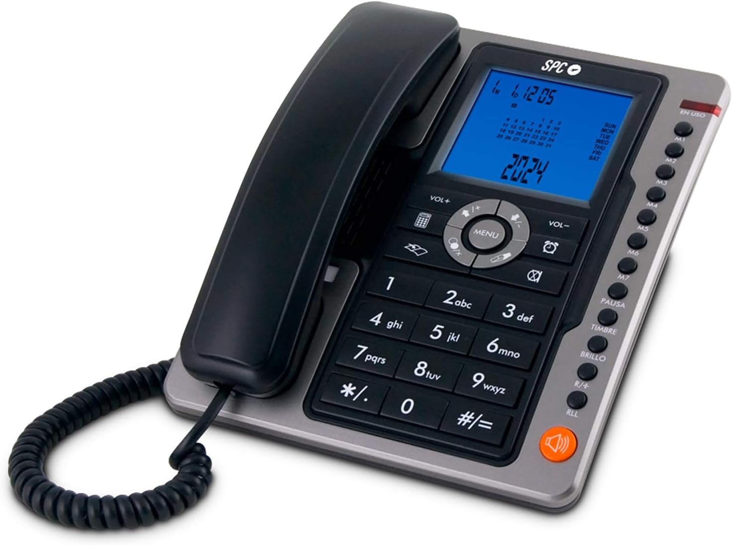 Téléphone Fixe Filaire alimenté par Piles avec Grand écran Lumineux, 7 mémoires directes, identificateur d’Appel et Mains Libres