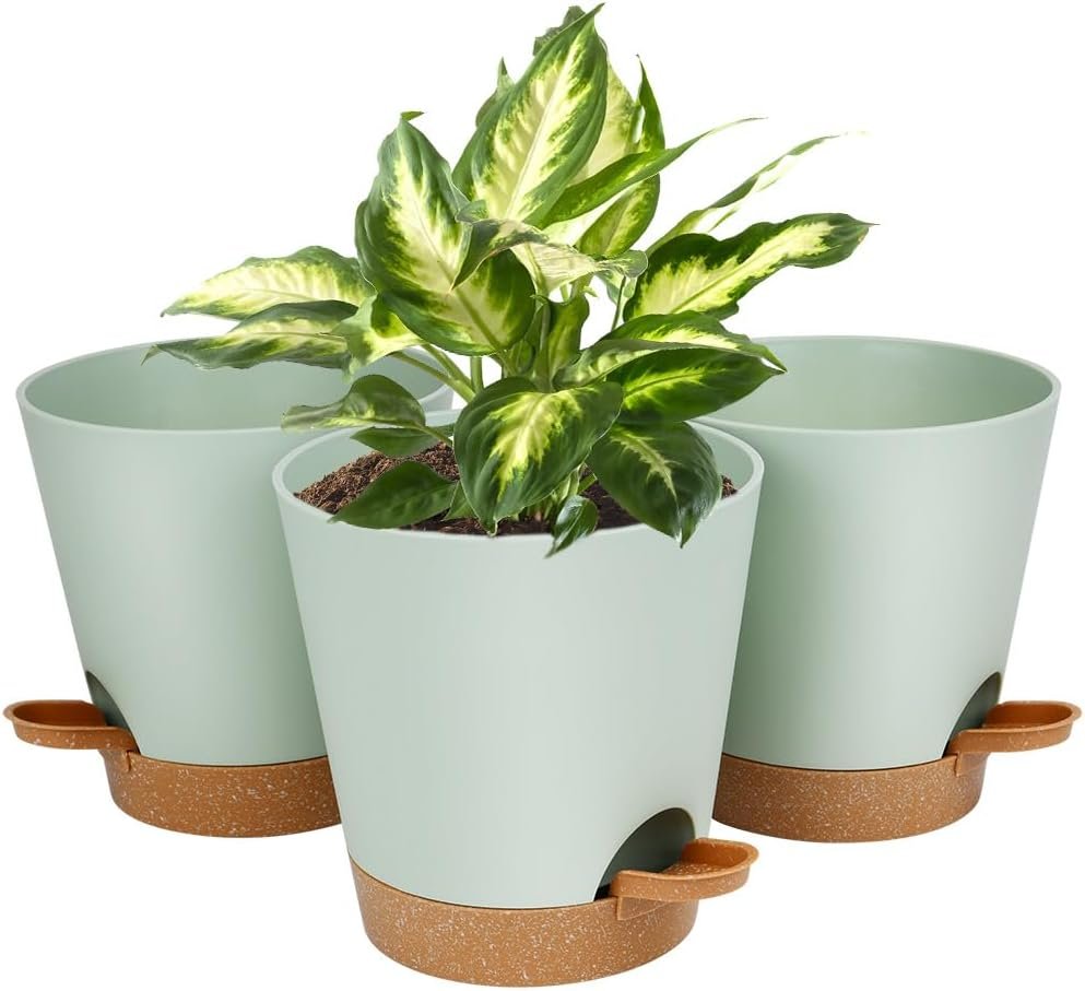 Lot de 3 pots de fleurs à arrosage automatique, 20 cm en plastique avec trous de drainage, soucoupes et réservoir