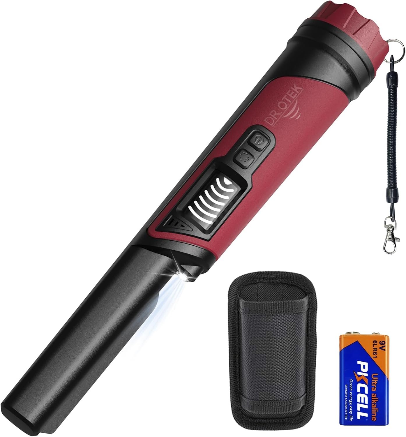 Détecteur de métal Pinpointer, IP68 Détecteur de métal sous-invisible sous-marin entièrement étanche avec écran LCD et lumière LED 360 ° détection précise à haute sensibilité, baguette portative pour adultes et enfants, rouge
