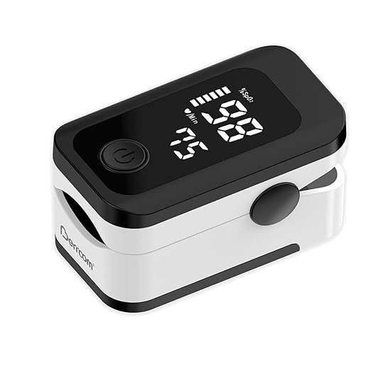 Oxymétre de Doigt Professionnel Berrcom, Saturometre Oxymetre, Mesure Précise de la Saturation en Oxygène dans le Sang, Moniteur de Fréquence Cardiaque, Écran LED Mesure SpO2 et PR, Piles Inclus