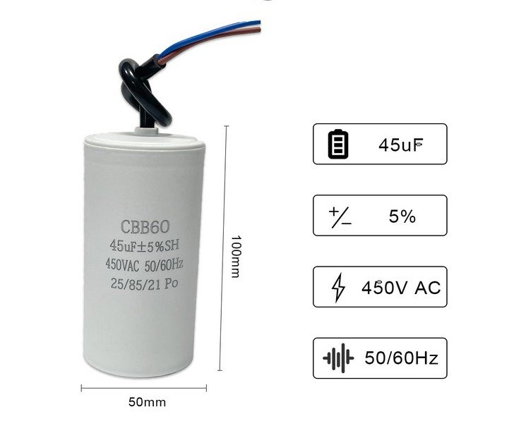 CBB60 450v 45uf 50/60HZ Condensateur de démarrage,condensateur de suppression, condensateur de démarrage de moteur,condensateur microfarad avec fil