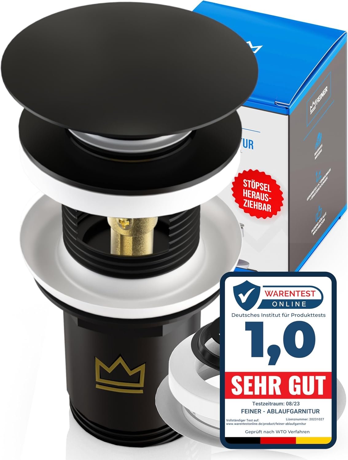 Bonde de lavabo universelle - Noir mat - Pour lavabos et lavabos de toutes sortes avec et sans trop-plein, bouchon amovible avec attrape-cheveux