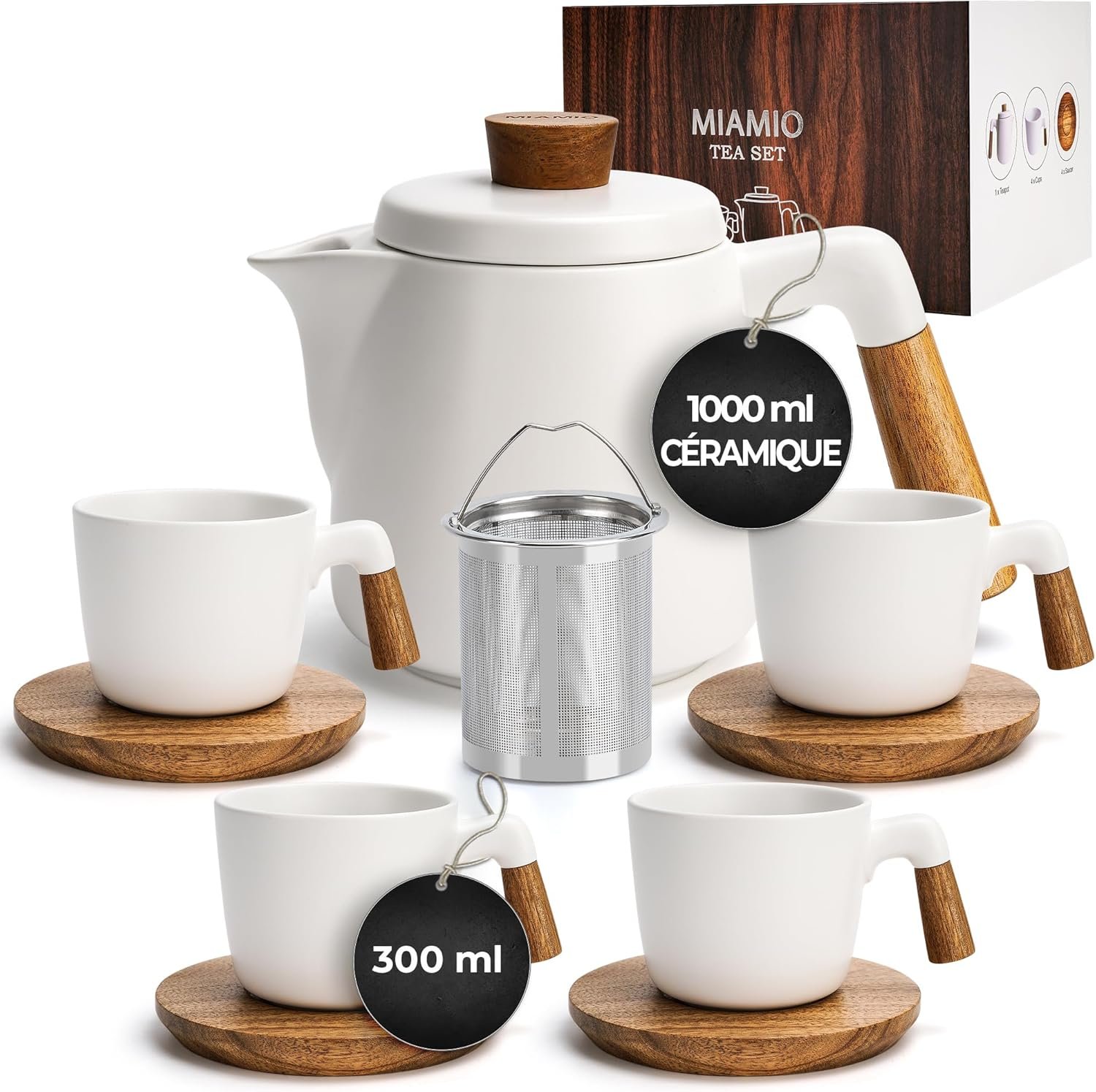 Théière en céramique de 1000 ML avec infuseur et Tasses/passoire à thé, 4 Tasses à thé en céramique (300 ML), soucoupes en Bambou/poignée pour la Maison et Le Bureau (Blanc)