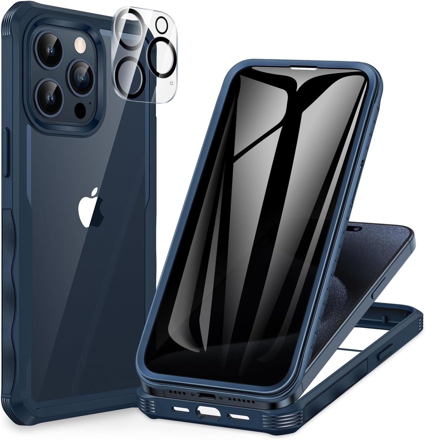 CENHUFO Anti Espion Coque iPhone 15 Pro, avec Protection écran Verre Trempé Anti Espion et Protecteur Caméra Bleu  [9H HD] 360°
