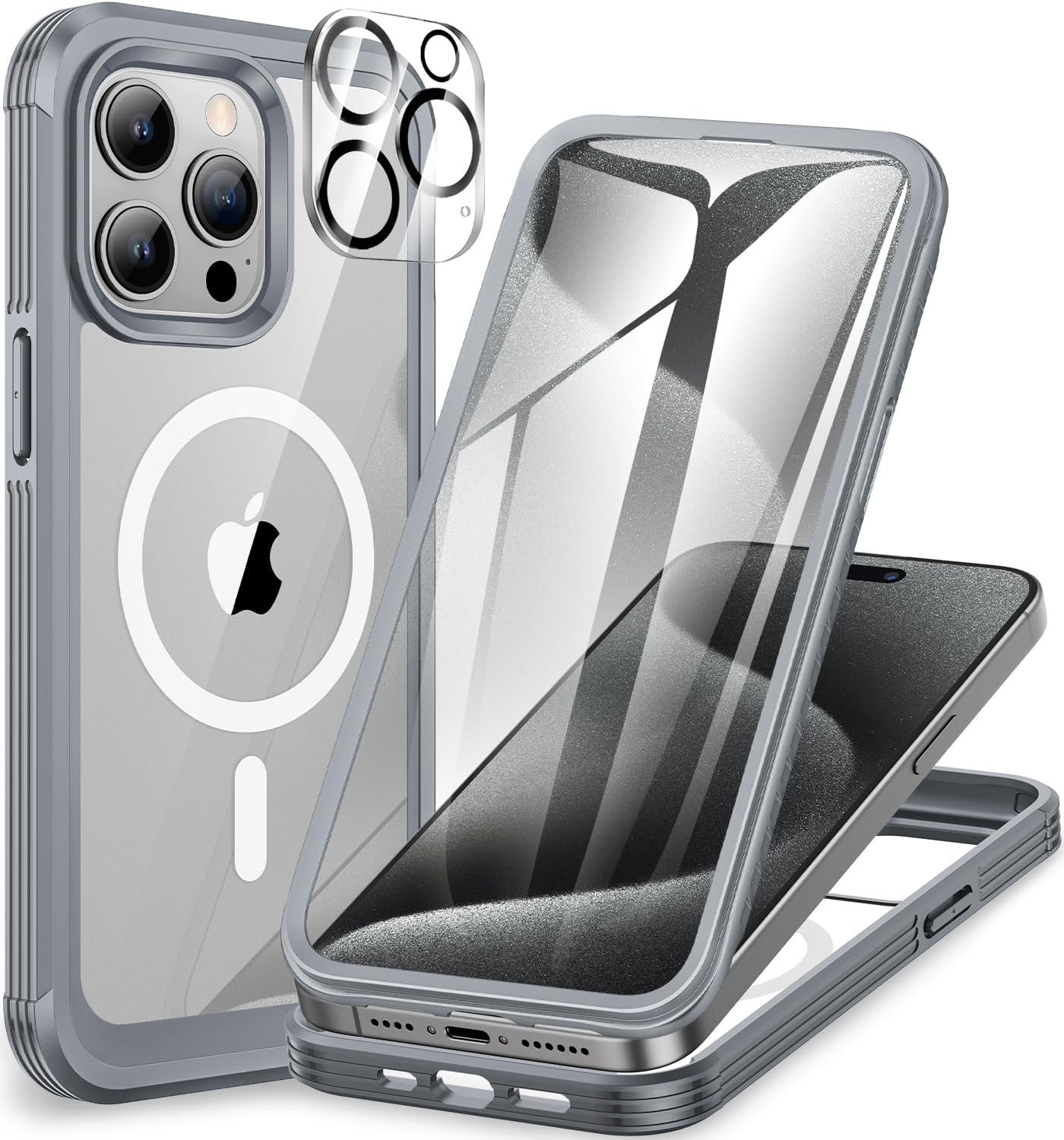CENHUFO Magnétique Coque iPhone 15 Pro Max, Compatible avec MagSafe intégré Verre Trempé Protection écran et Protecteur Caméra Gris