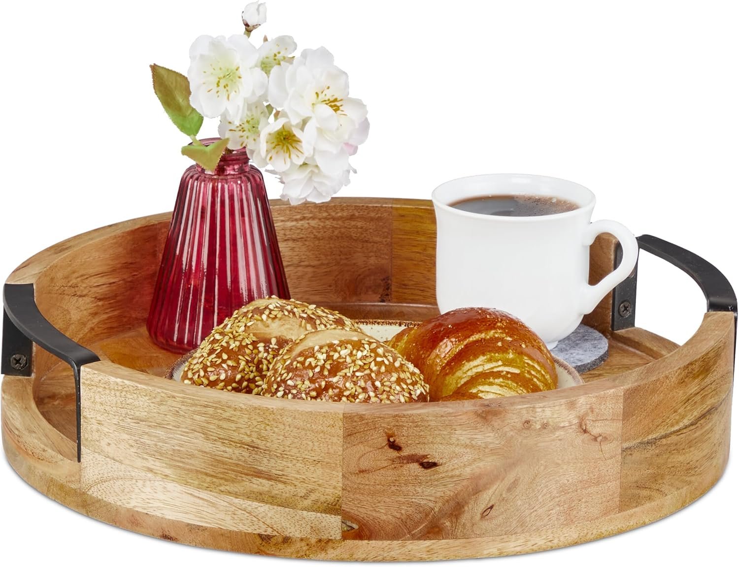 Plateau de Service, Rond, avec poignées en Fer, décoratif et Pratique, Bois de manguier, HD 7,5x35 cm, Nature