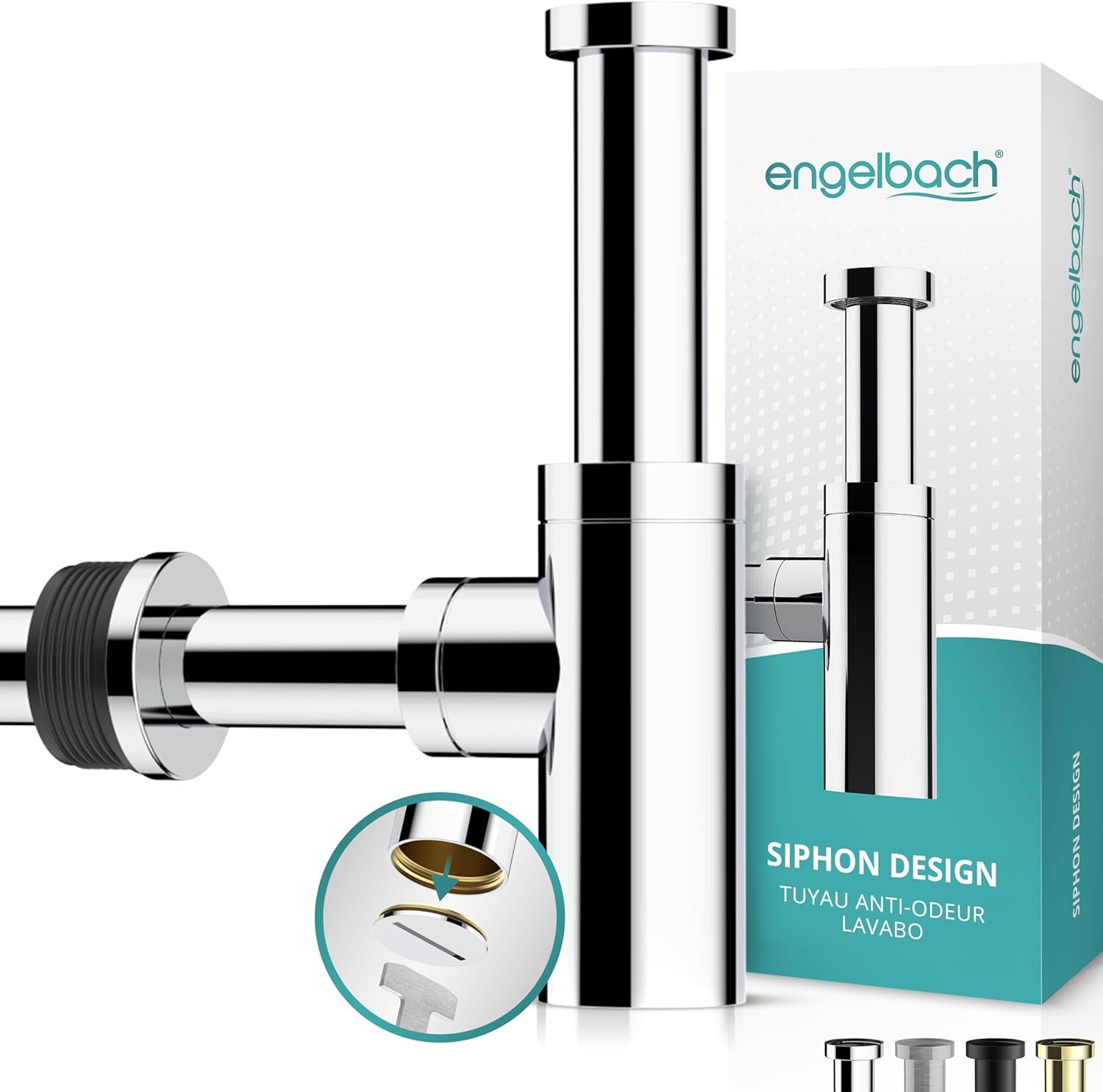 Siphon design lavabo salle de bain - 1 1/4 x 32 mm réglable avec ouverture de nettoyage - modèle universel avec manchette en caoutchouc anti-odeur