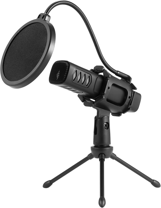 Microphone à condensateur cardioïde USB avec trépied - Filtre anti-pop - Support anti-chocs - Compatible avec PC, ordinateur portable,
