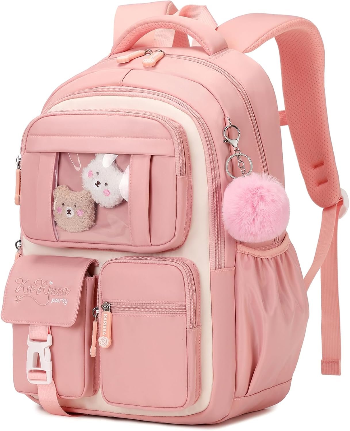 Sac à Dos Scolaire Fille Kawaii – 21,8 L – Compartiment PC 15" – Rose & Beige – 6 à 14 Ans
