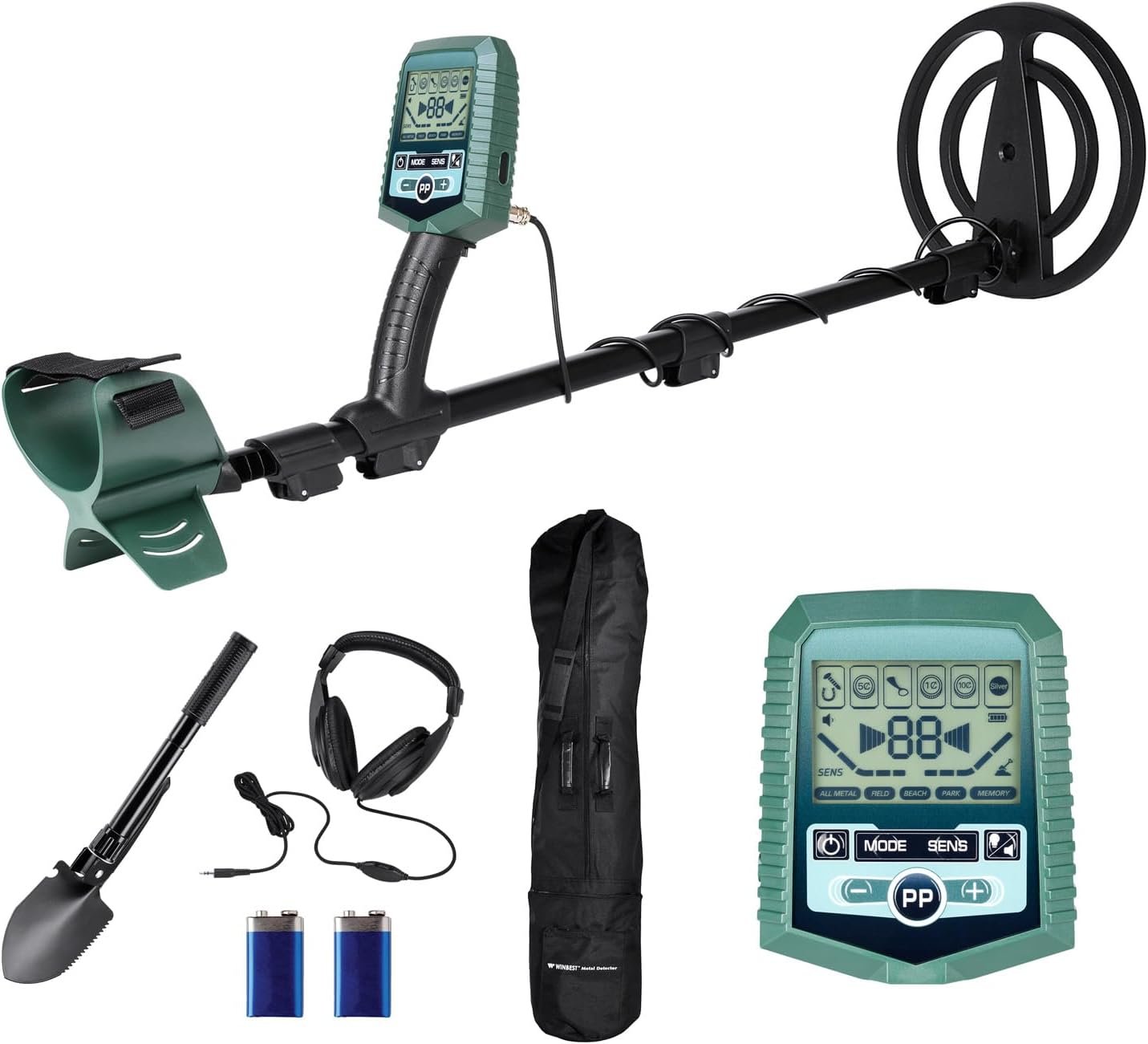 Sharp-200 Professional Metal Detector Field Kit – Sensibilité et tige réglables, bobine scellée par temps pour l'eau peu profonde, 6 modes de recherche, pelle pliante avec boussole, écouteurs et étui de transport